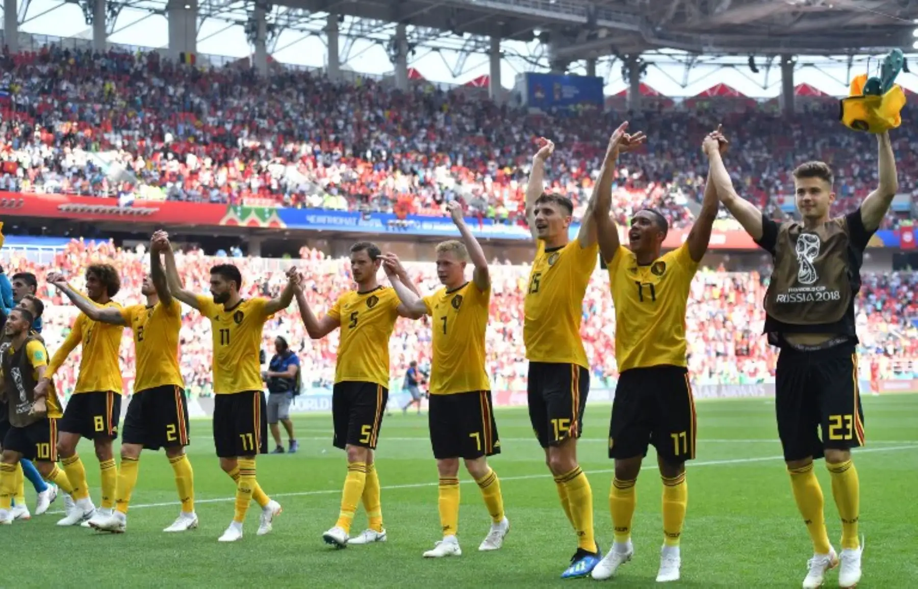 Los jugadores de Bélgica celebran al final del partido de fútbol del Grupo G de la Copa Mundial Rusia 2018 entre Bélgica y Túnez en el Estadio Spartak de Moscú .Foto:afp