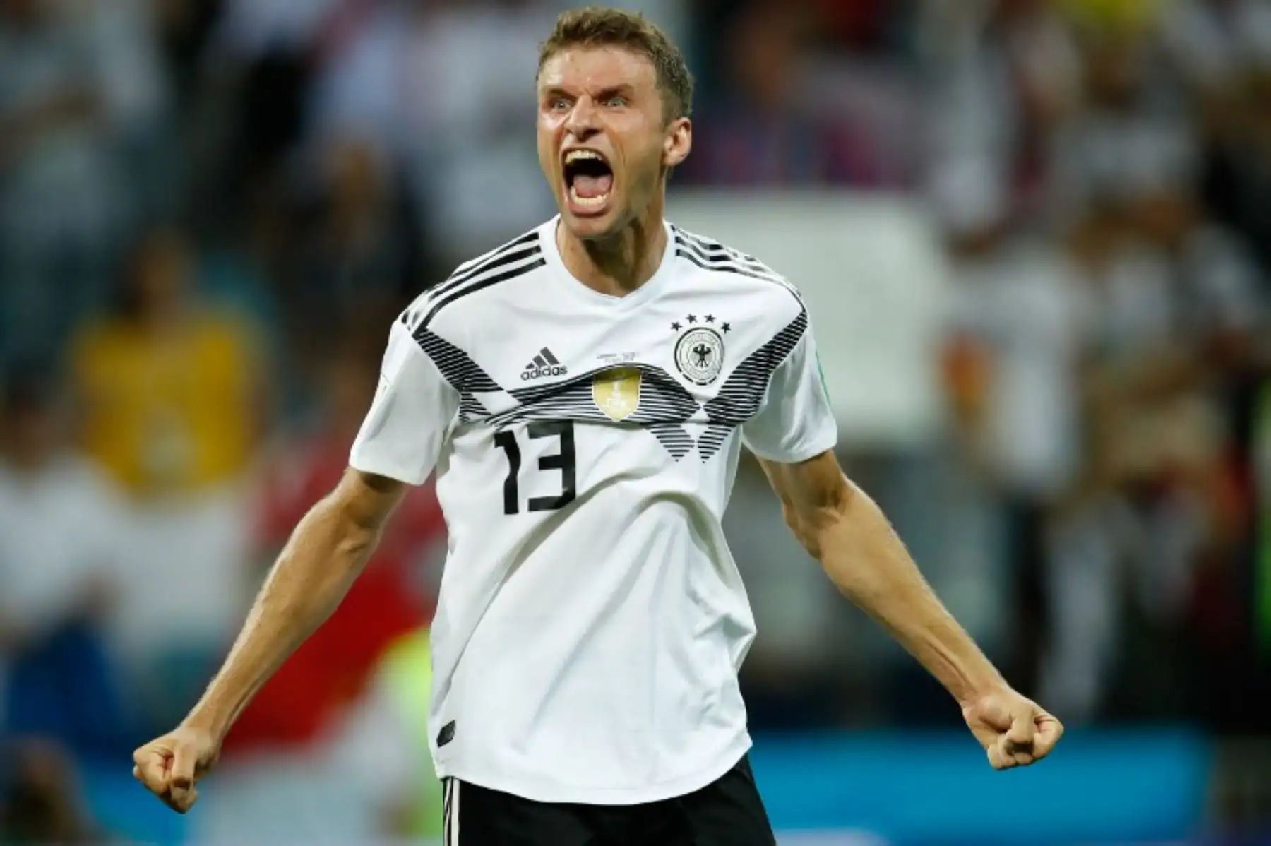 El alero de Alemania Thomas Mueller celebra después de ganar al final del partido de fútbol del Grupo F de la Copa Mundial Rusia 2018 entre Alemania y Suecia en el Estadio Fisht en Sochi.Foto:AFP