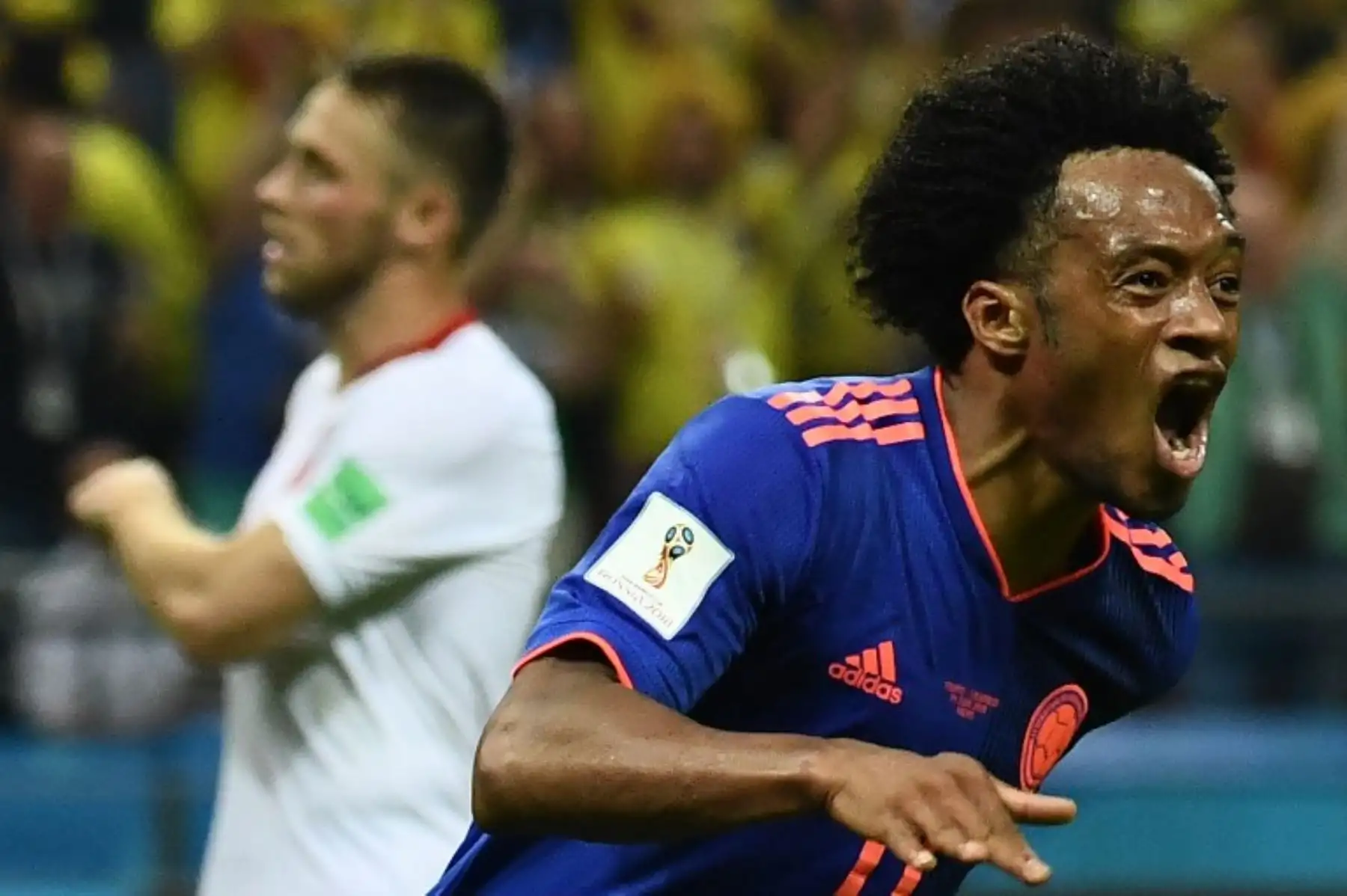 El alero colombiano Juan Cuadrado celebra después de anotar durante el partido de fútbol del Grupo H de la Copa del Mundo Rusia 2018 entre Polonia y Colombia.Foto:AFP
