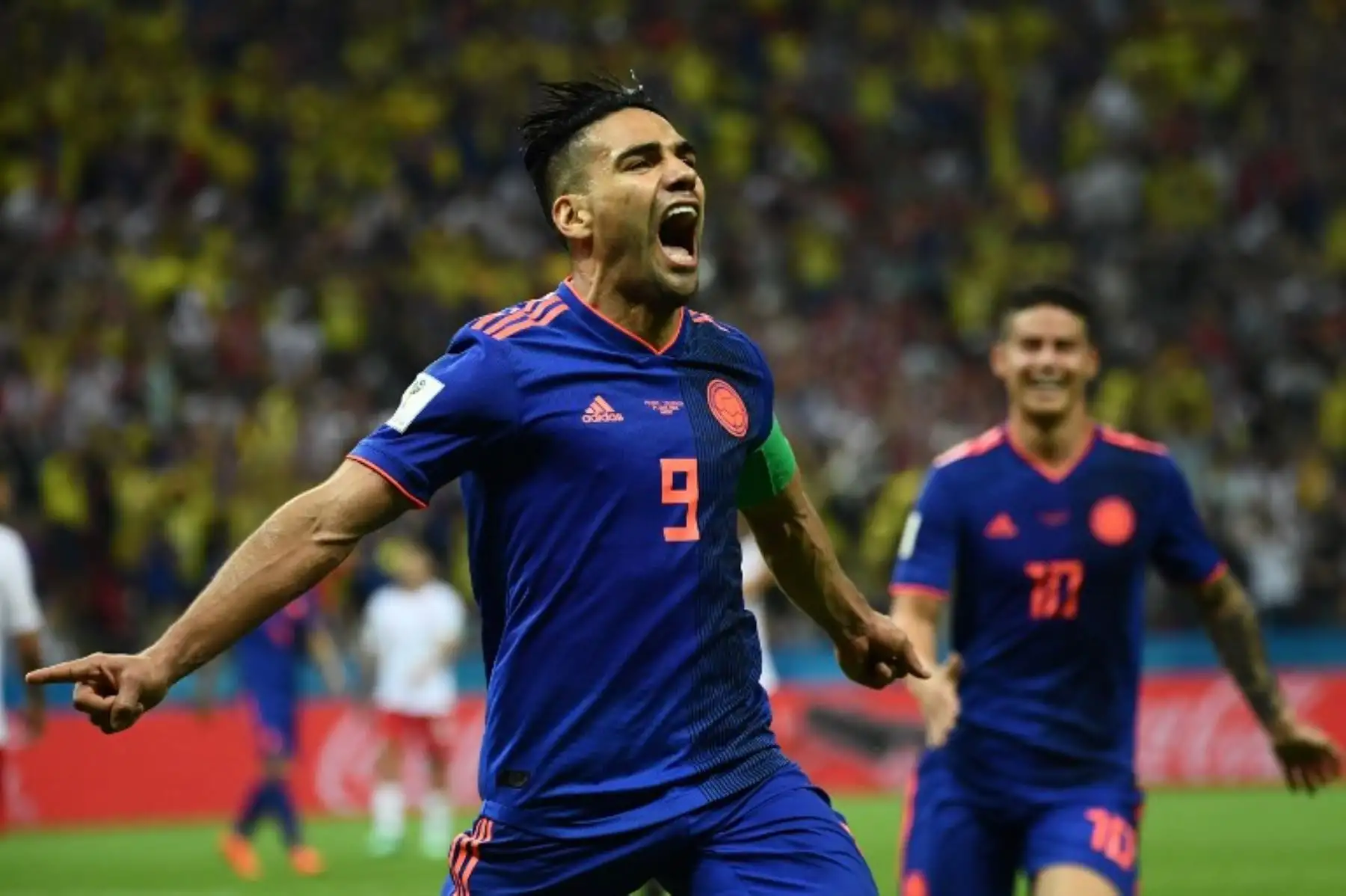 El alero Falcao de Colombia celebra después de anotar durante el partido de fútbol de la Copa del Mundo Rusia 2018 Grupo H entre Polonia y Colombia.Foto:AFP