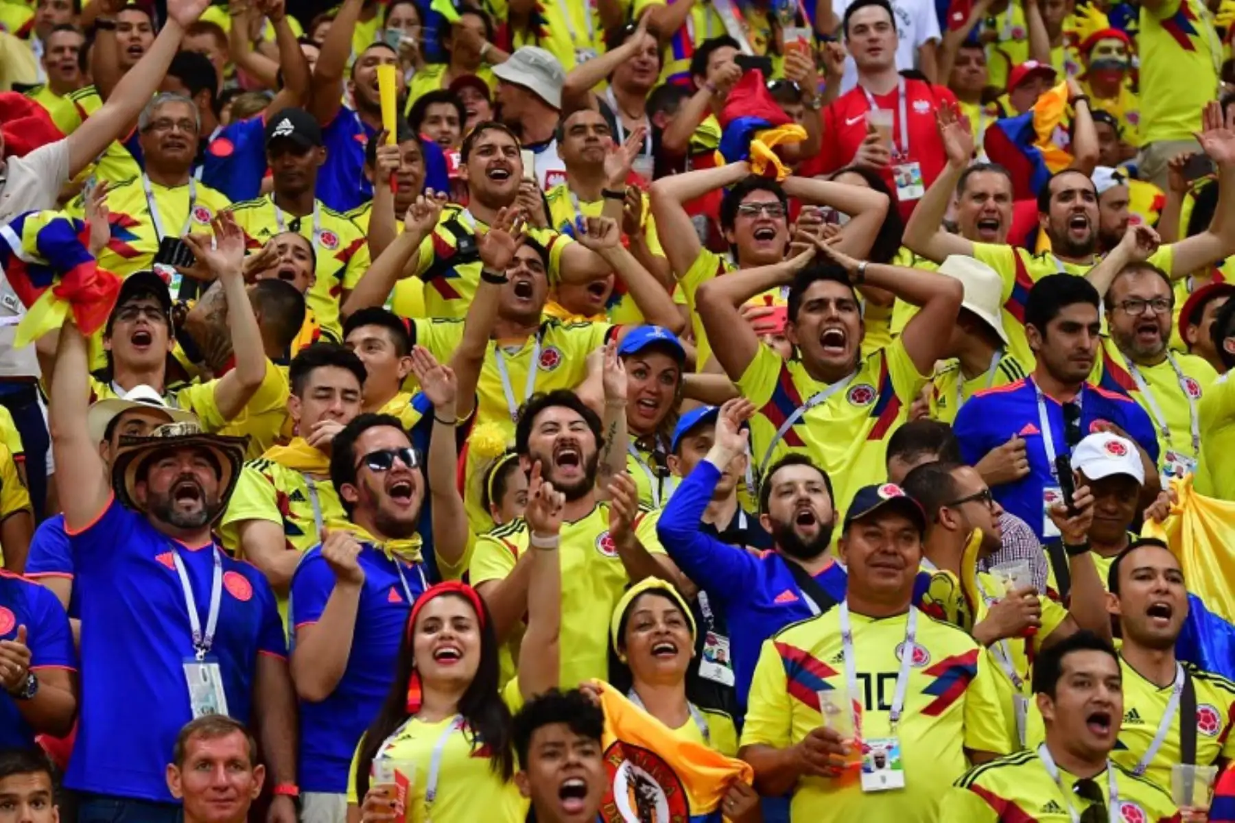 Los fanáticos de Colombia animan a su equipo durante el partido de fútbol del Grupo H de la Copa Mundial Rusia 2018 entre Polonia y Colombia.Foto:AFP