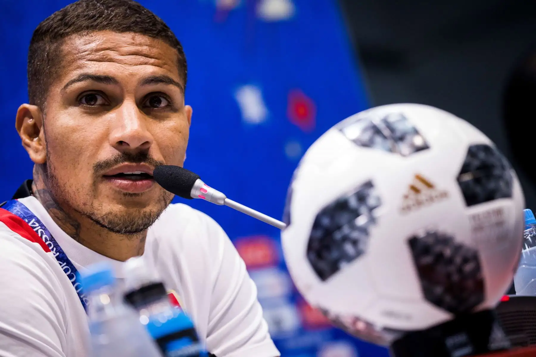 El peruano Paolo Guerrero durante una conferencia de prensa en el Estadio Fisht, Sochi, Rusia, el 25 de junio de 2018. Australia enfrentará a Perú en su Copa Mundial de la FIFA 2018. Foto: AFP