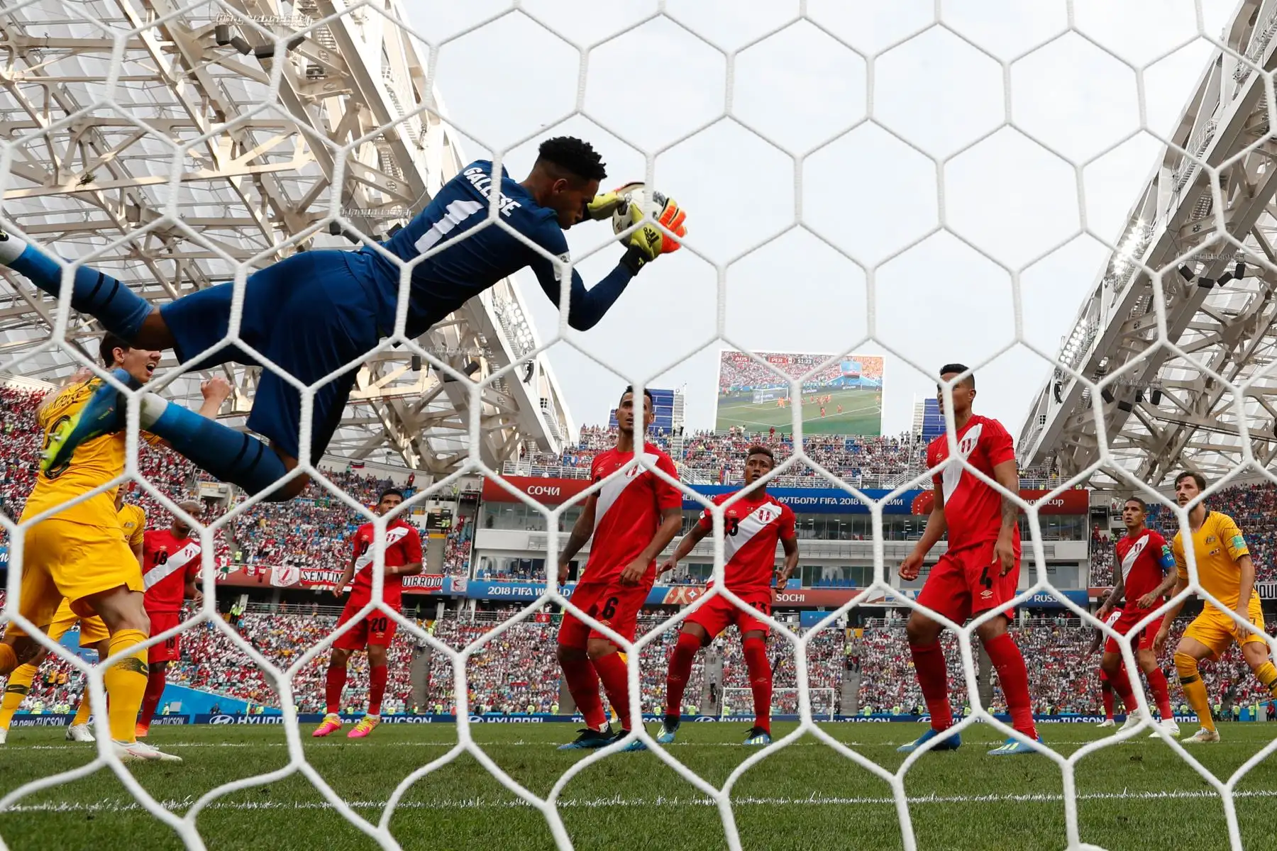 El arquero peruano Pedro Gallese atrapa el balón durante el partido de fútbol del Grupo C de la Copa Mundial Rusia 2018 entre Australia y Perú en el Estadio Fisht de Sochi el 26 de junio de 2018. / AFP