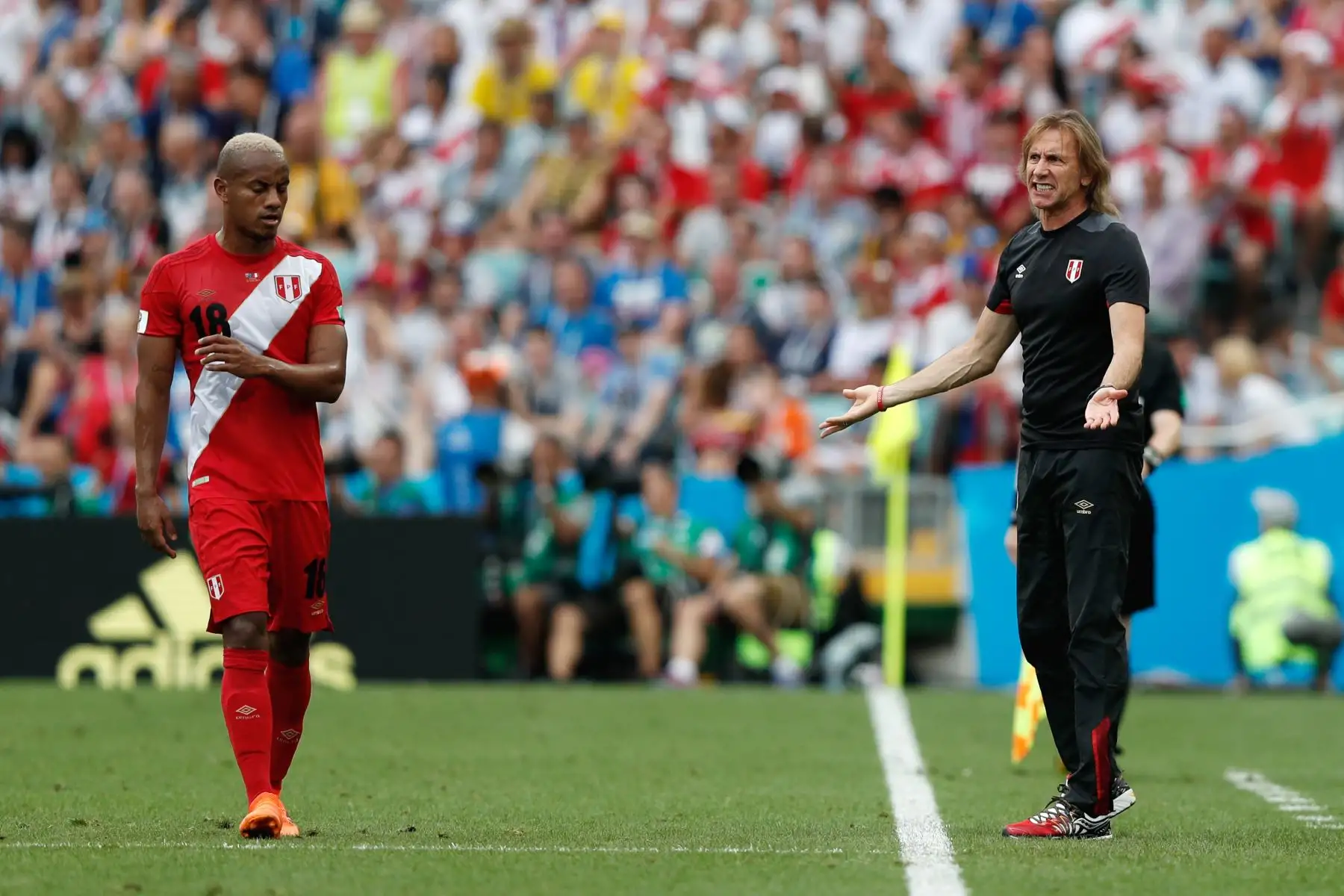 El entrenador peruano Ricardo Gareca (R) reacciona junto al delantero peruano Andre Carrillo durante el partido de fútbol del Grupo C de la Copa Mundial Rusia 2018 entre Australia y Perú en el estadio Fisht de Sochi el 26 de junio de 2018. / AFP