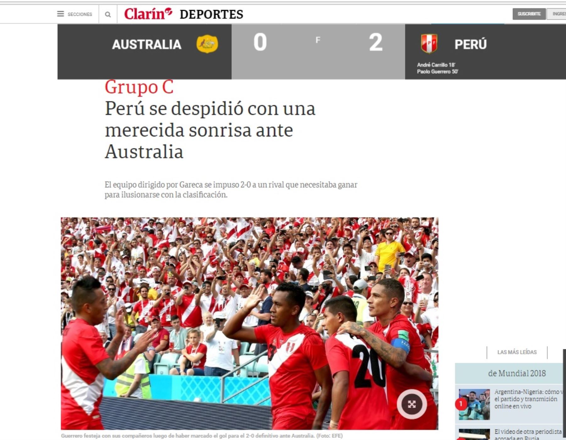 Prensa del mundo destaca triunfo del Perú en despedida del mundial Rusia 2018. Ganó 2 -0 a Australia.