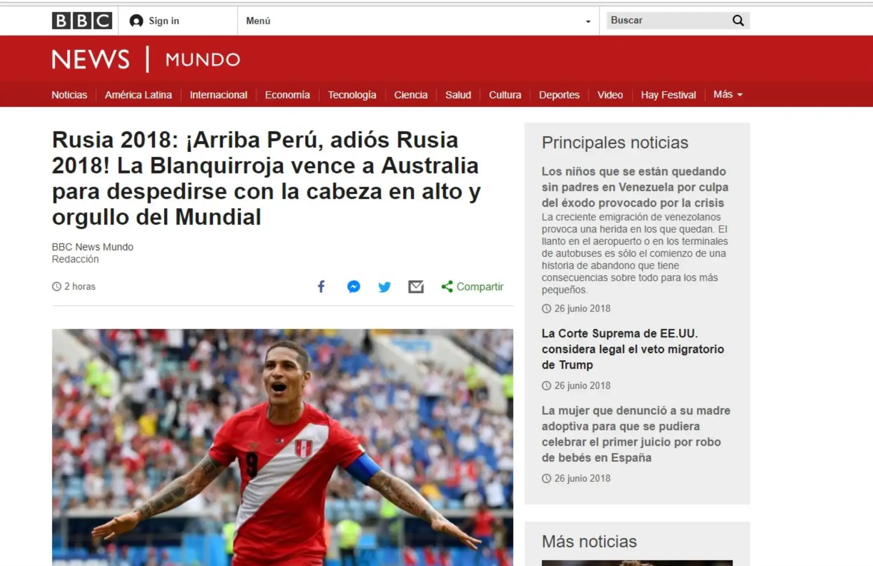 Prensa del mundo destaca triunfo del Perú en despedida del mundial Rusia 2018. Ganó 2 -0 a Australia