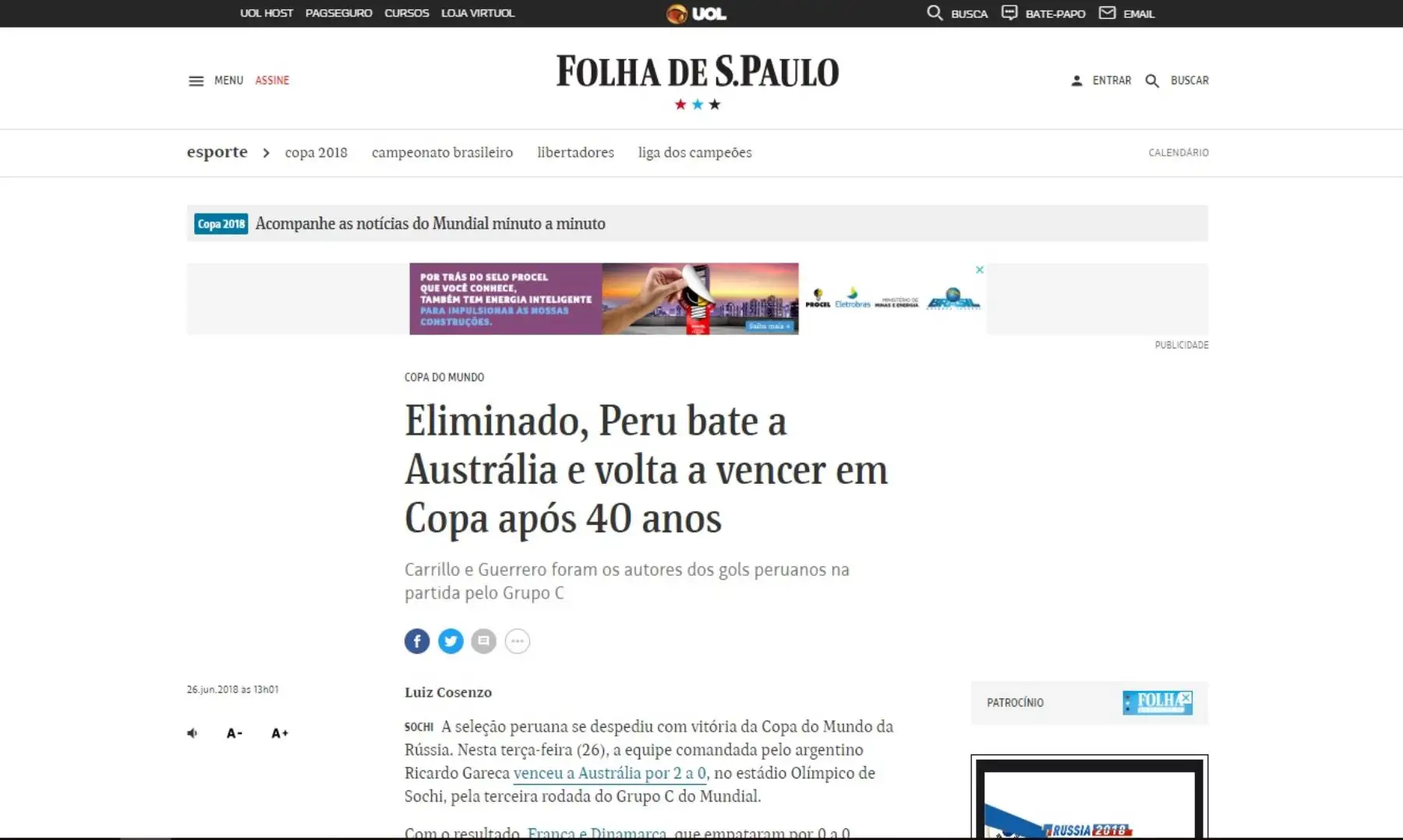 Prensa del mundo destaca triunfo del Perú en despedida del mundial Rusia 2018. Ganó 2 -0 a Australia