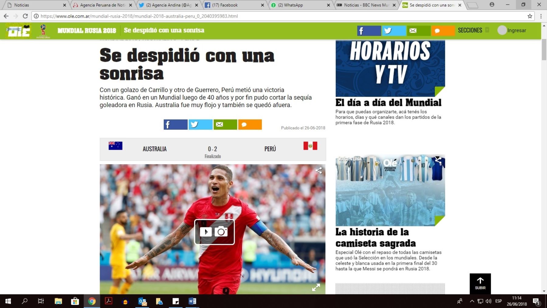 Prensa del mundo destaca triunfo del Perú en despedida del mundial Rusia 2018. Ganó 2 -0 a Australia