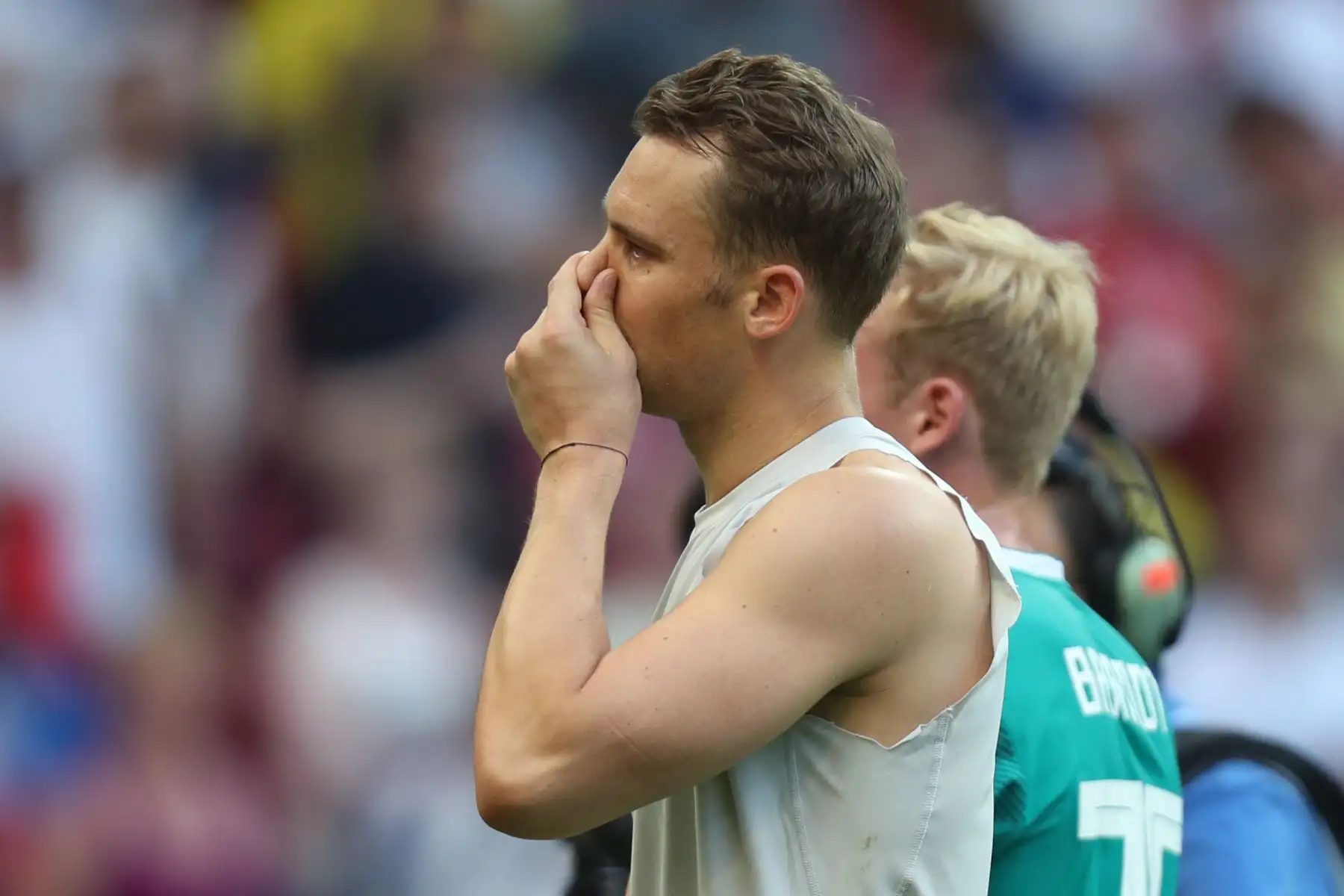 El portero de Alemania Manuel Neuer al final del partido de fútbol del grupo F de la Copa Mundial de Rusia 2018 entre Corea del Sur y Alemania en el Kazan Arena, el 27 de junio del 2018. Foto: AFP.