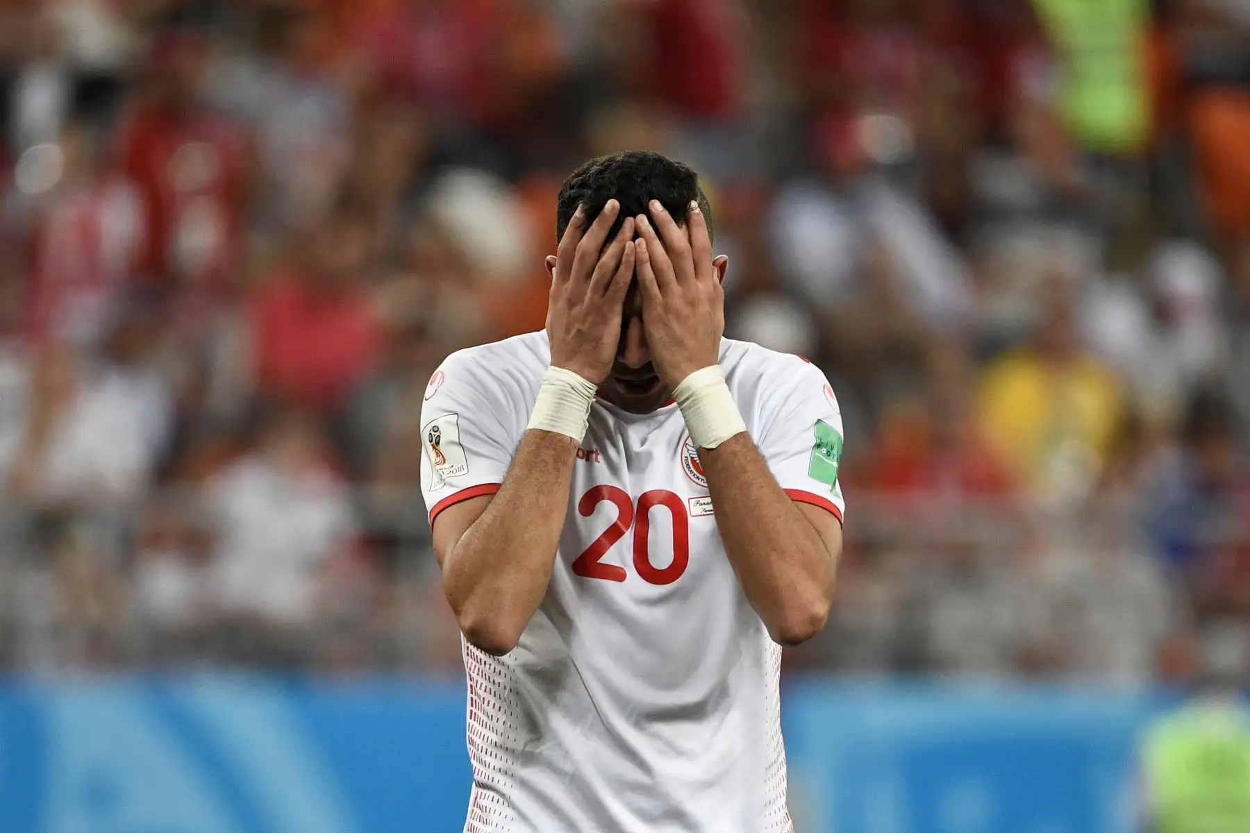 El centrocampista tunecino Ghailene Chaalali reacciona durante el partido de fútbol del Grupo G de la Copa Mundial Rusia 2018 entre Panamá y Túnez en el Mordovia Arena en Saransk el 28 de junio de 2018. / AFP