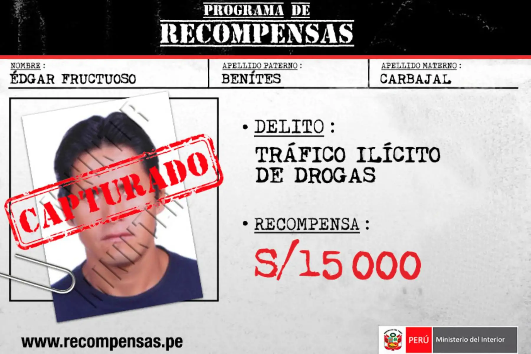 El Programa de Recompensas “Que ellos se cuiden”, del Ministerio del Interior (Mininter), llegó a los 1,200 capturados con las detenciones de cuatro requisitoriados por tráfico ilícito de drogas, violación sexual, actos contra el pudor en menores y violación sexual de menor de edad.