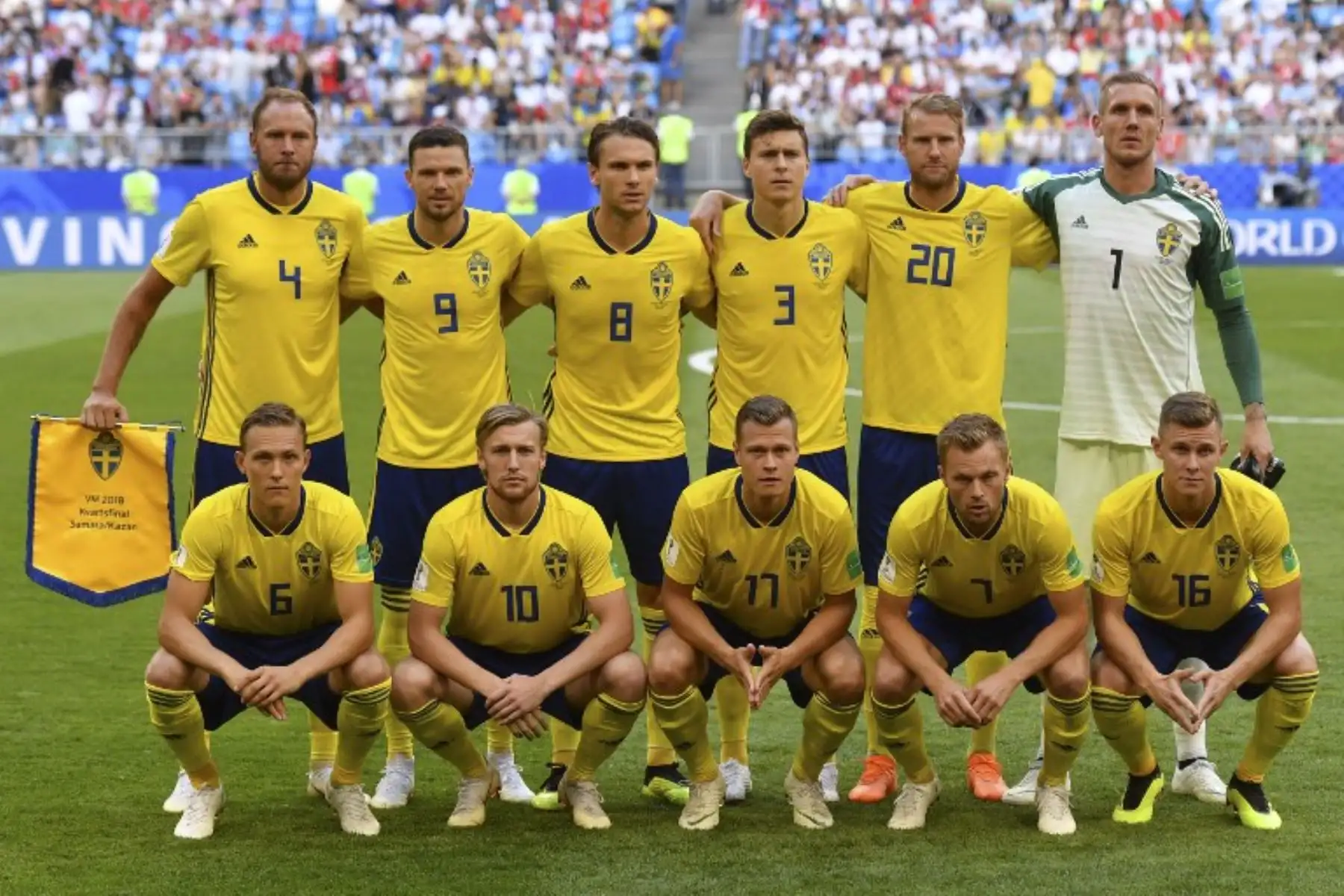 Postal de la selección de Suecia, antes  del partido de fútbol de cuartos de final de la Copa Mundial Rusia 2018 , frente a  Inglaterra en el Samara Arena en Samara. Foto: AFP