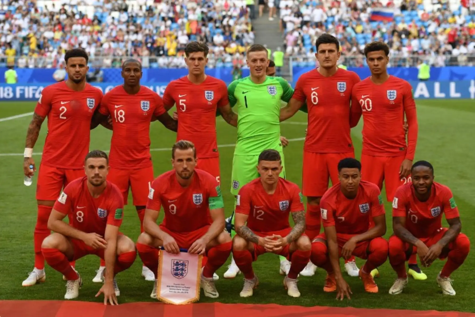 Postal de la selección de Inglaterra, antes  del partido de fútbol de cuartos de final de la Copa Mundial Rusia 2018 , frente a suecia, en el Samara Arena en Samara. Foto: AFP