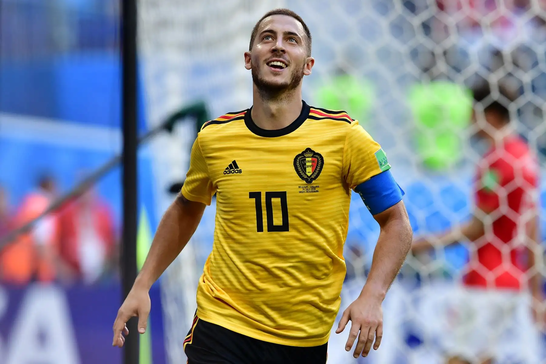 El alero belga Eden Hazard celebra después de anotar su segundo gol en la repesca de la Copa Mundial de Rusia 2018 por el tercer partido de fútbol entre Bélgica e Inglaterra en el Estadio de San Petersburgo en San Petersburgo el 14 de julio de 2018. / AFP
