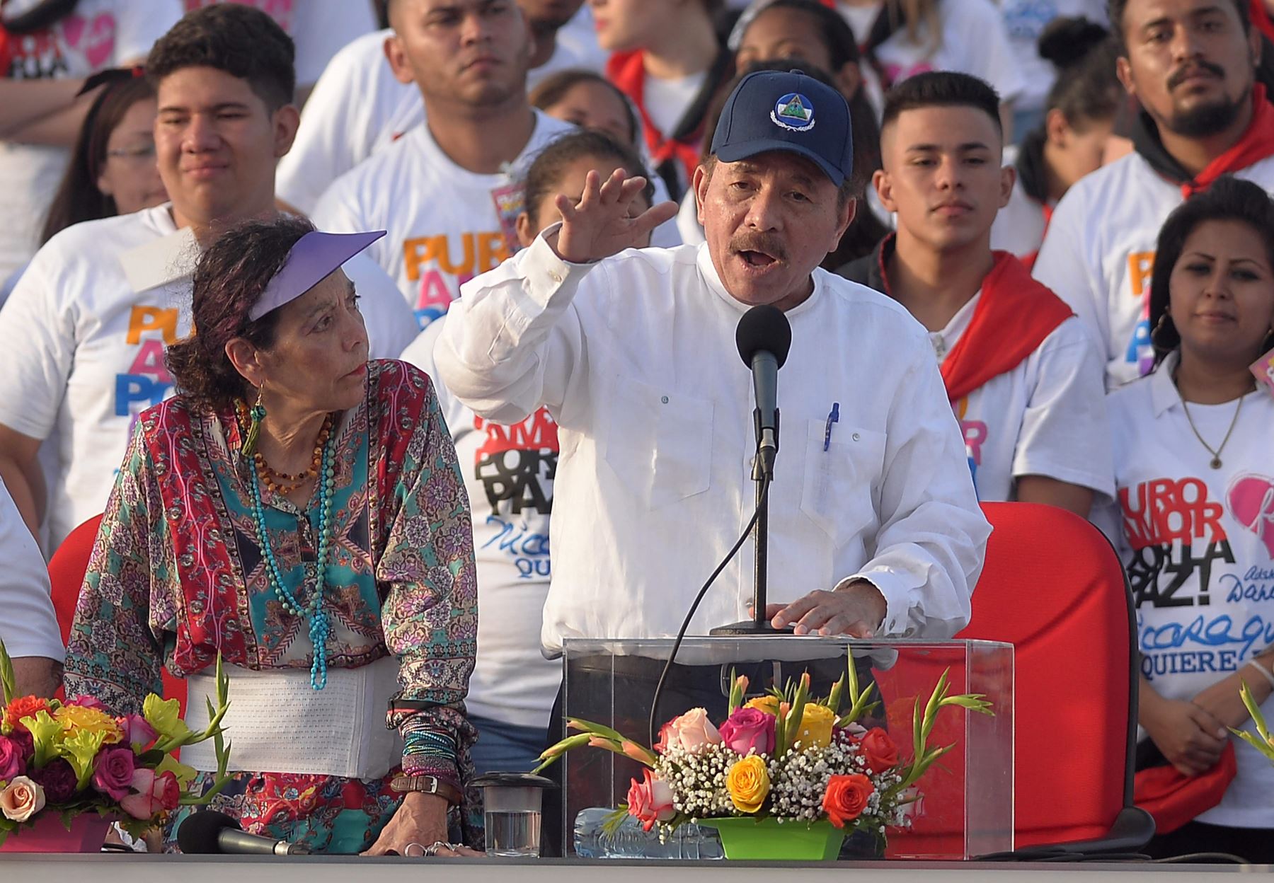 Presidente nicaragüense Daniel Ortega junto a su esposa y vicepresidenta Rosario Murillo Foto: AFP