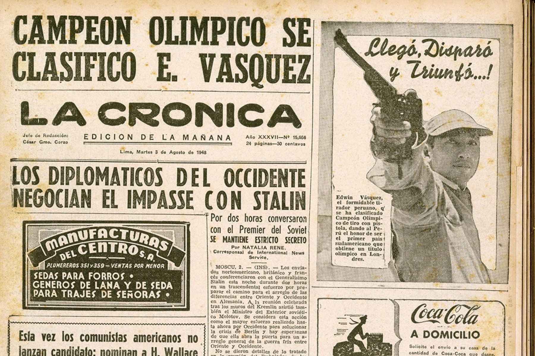 Portada del diario La Crónica del 3 de agosto de 1948 da cuenta de la medalla de oro obtenida por Edwin Vásquez en los Juego Olímpicos de Londre