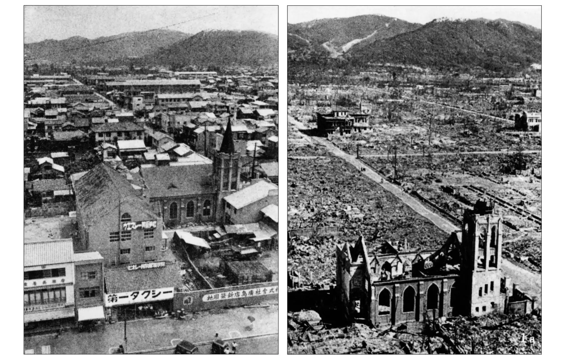 Combo de archivos con fecha de 1945 de la devastada ciudad de Hiroshima antes y después de la caída de la primera bomba atómica por la Fuerza Aérea de los EE. UU. B-29, 06 de agosto de 1945. Alrededor de 140,000 personas, o más de la mitad de la población de Hiroshima en ese momento, murió en el primer bombardeo atómico el 6 de agosto de 1945. Después de los bombardeos, Japón se rindió el 02 de septiembre de 1945 a las fuerzas aliadas, poniendo fin oficialmente a la Segunda Guerra Mundial, derribando el con