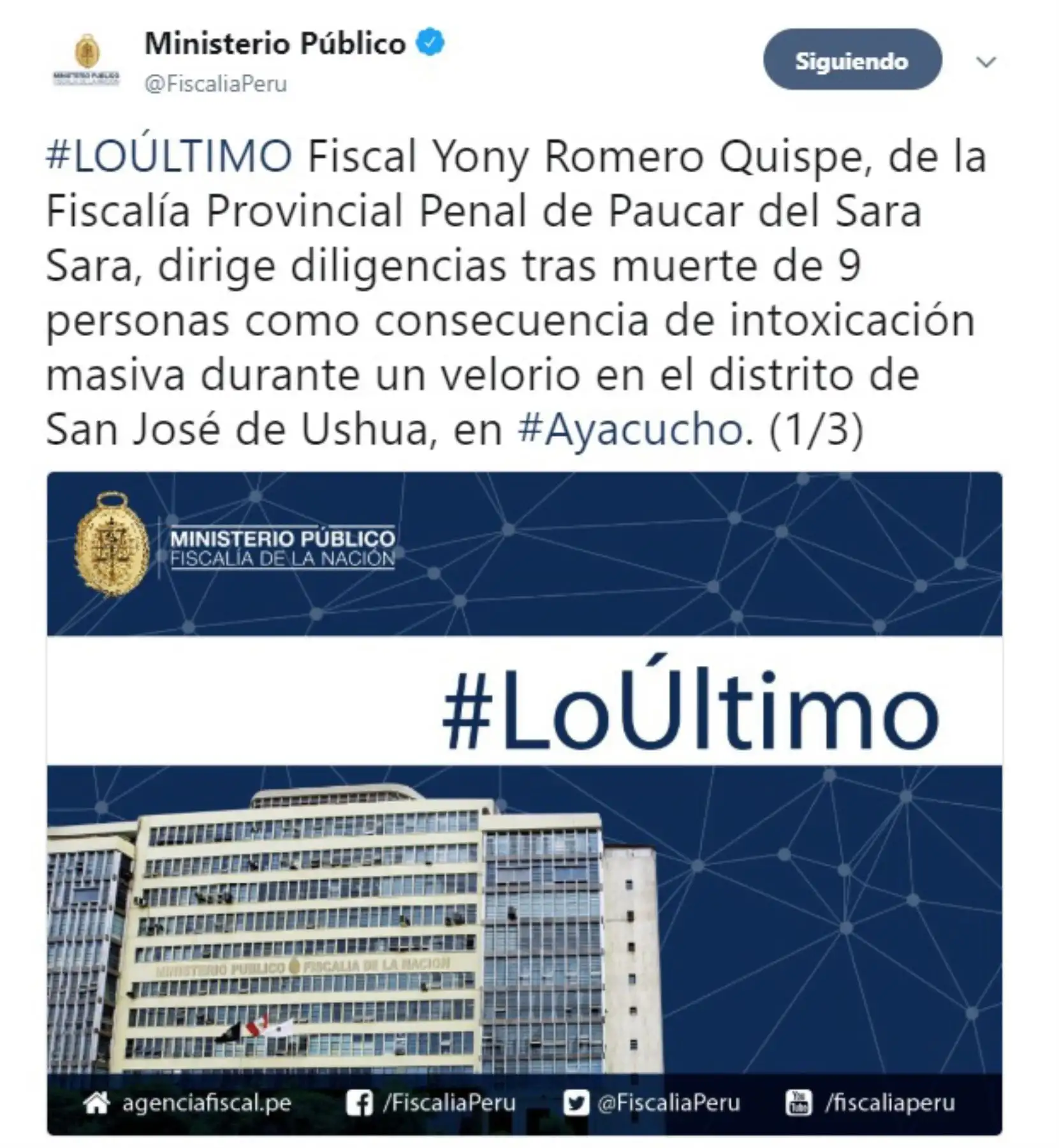 El fiscal Yony Romero Quispe, de la Fiscalía Provincial Penal de Páucar del Sara Sara, dirige las diligencias de la investigación sobre la muerte de 10 personas como consecuencia de una intoxicación masiva durante un velorio ocurrido en el distrito de San José de Ushua, en la región Ayacucho, informó el Ministerio Público.
