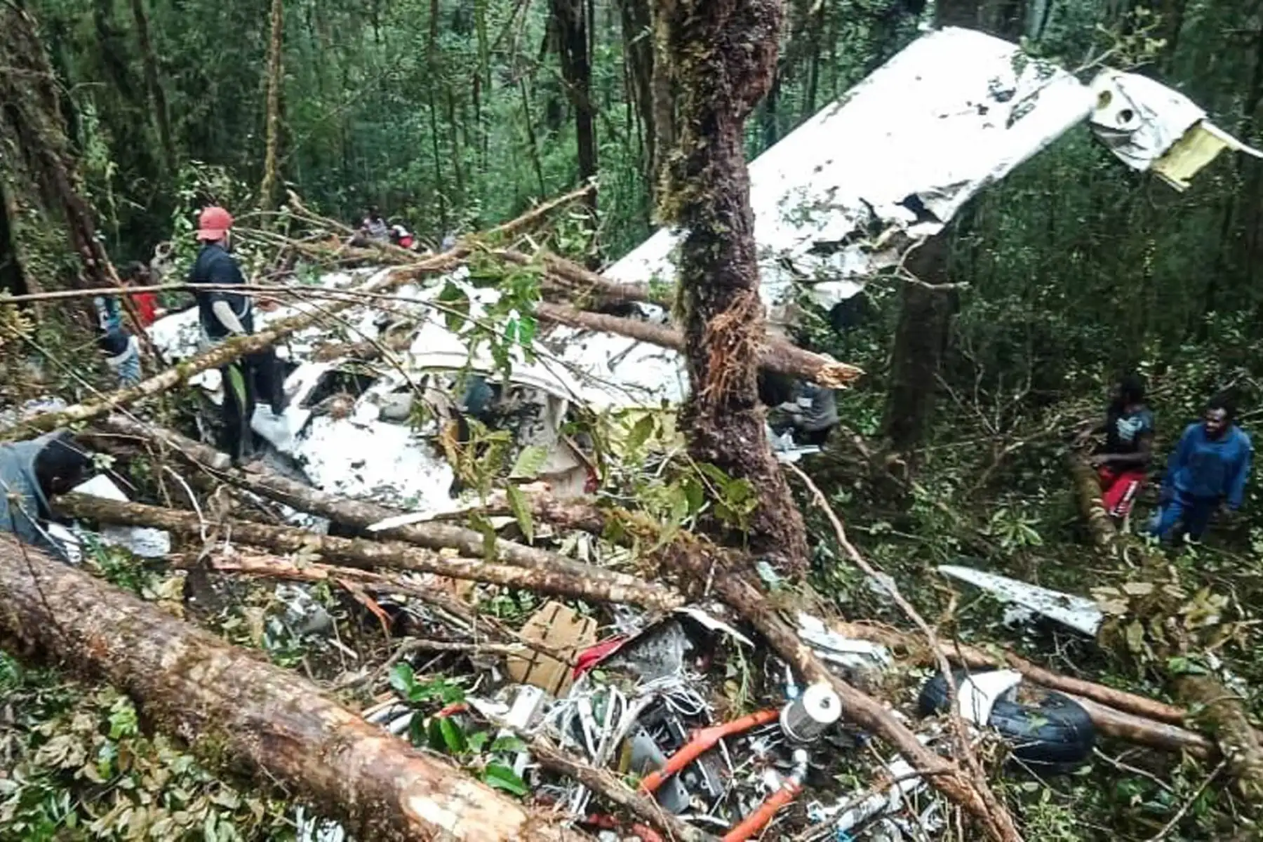 Una foto impresa puesta a disposición por el Comando Militar de Papua Cendrawasih, donde muestra a los rescatistas en busca de víctimas del avión Pilatus accidentado en la montaña Menuk en Oksibil, Papua, Indonesia.EFE