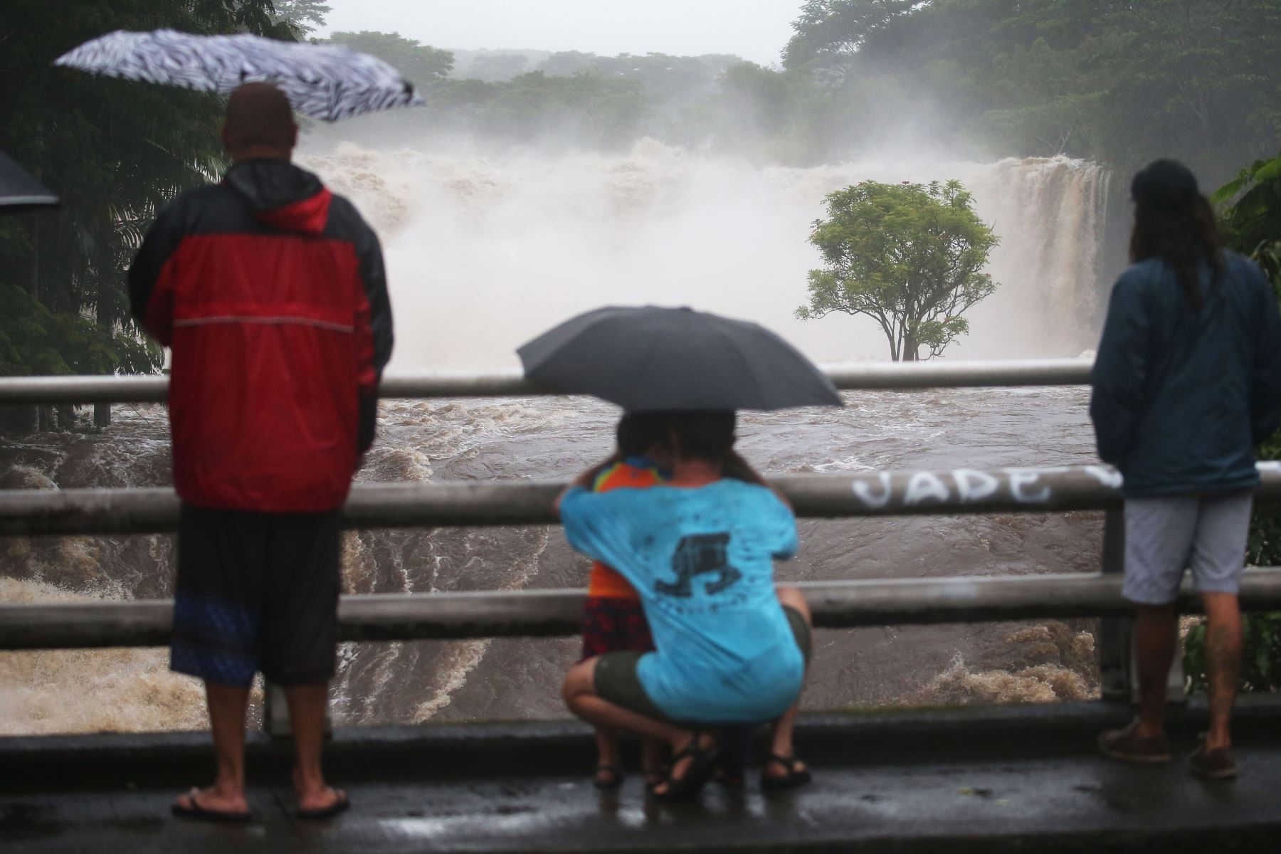La gente se reúne para mirar las aguas de la inundación del río de Wailuku en Hawái Foto: AFP