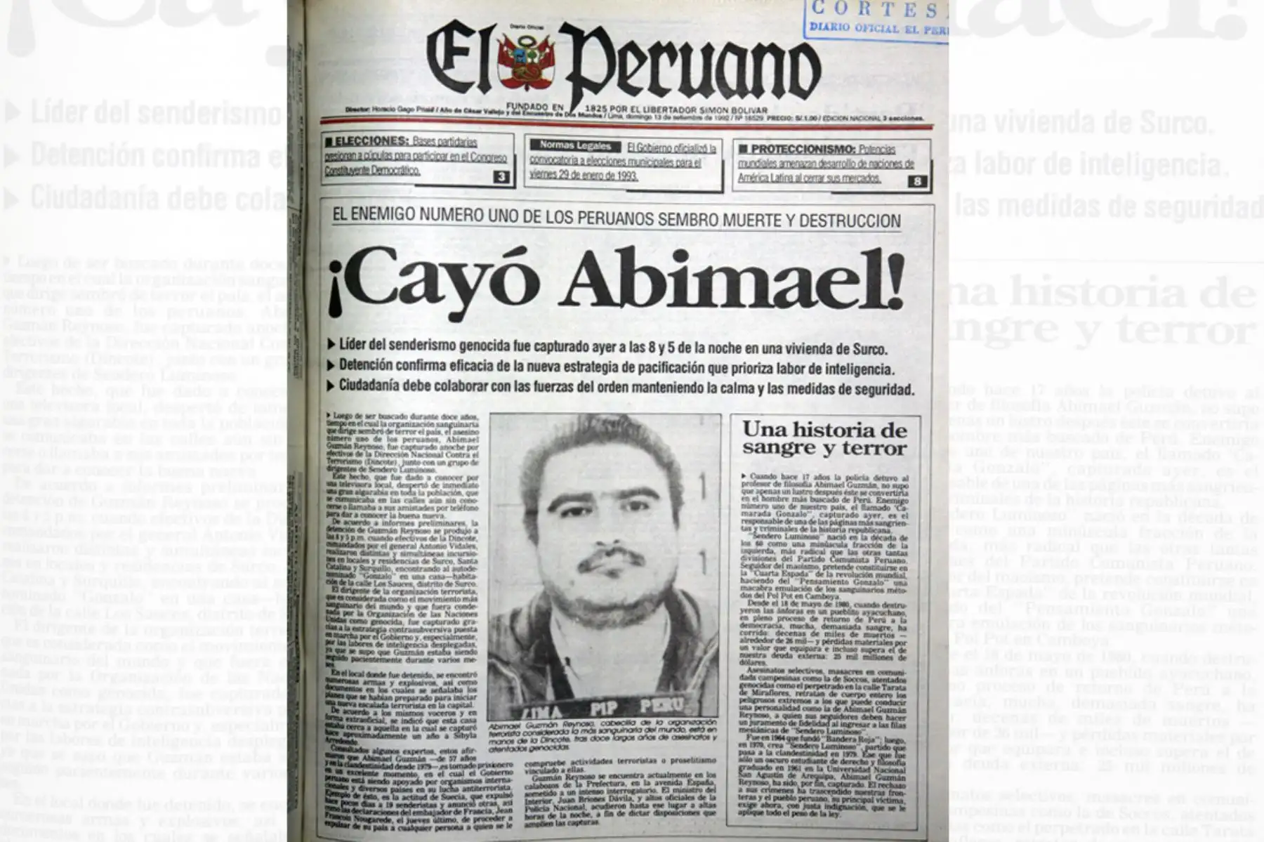Portada del Diario Oficial El Peruano del 13 de setiembre de 1992.