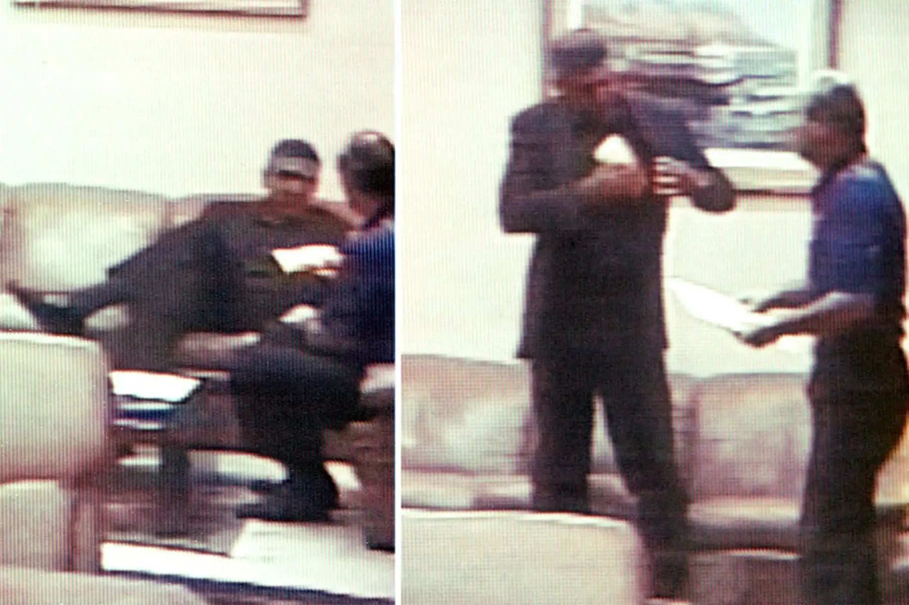 Estas dos imágenes tomadas de la televisión peruana muestran al congresista peruano Alberto Kouri recibiendo dinero del asesor presidencial Vladimiro Montesinos el pasado 5 de mayo de 2000  para cambiar de bando y así darle al gobierno una mayoría en el parlamento. El video se difundió la tarde del 14 de setiembre de 2000. Foto: AFP / FIM