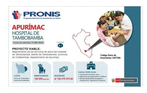 El Ministerio de Salud (Minsa), a través de su Programa Nacional de Inversiones en Salud (Pronis), viabilizó el proyecto de inversión pública que permitirá la construcción del Hospital de Tambobamba, en la provincia de Cotabambas, región Apurímac.
