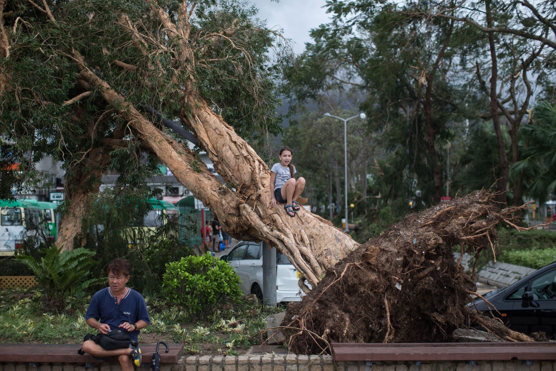 Destrozos por el paso del tifón Mangkhut en Hong Kong (China) hoy, 17 de septiembre de 2018. Tras dejar decenas de muertos en Filipinas, el tifón Mangkhut ha sembrado el caos en las ciudades de Macao y Hong Kong, con al menos dos centenares de heridos, y en varias provincias del sureste de China, donde dos personas han fallecido. EFE