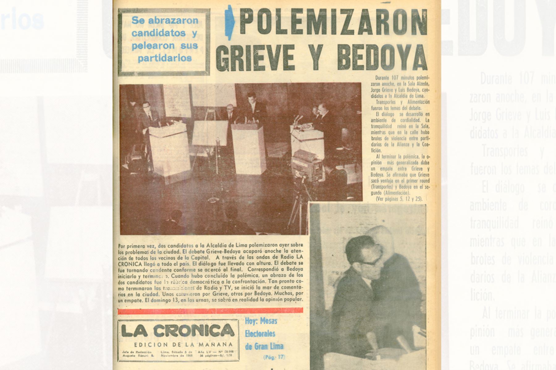 En portada de La Crónica, debate entre Luis Bedoya Reyes y Jorge Grieve organizado por la Federación de Periodistas del Perú (1966
