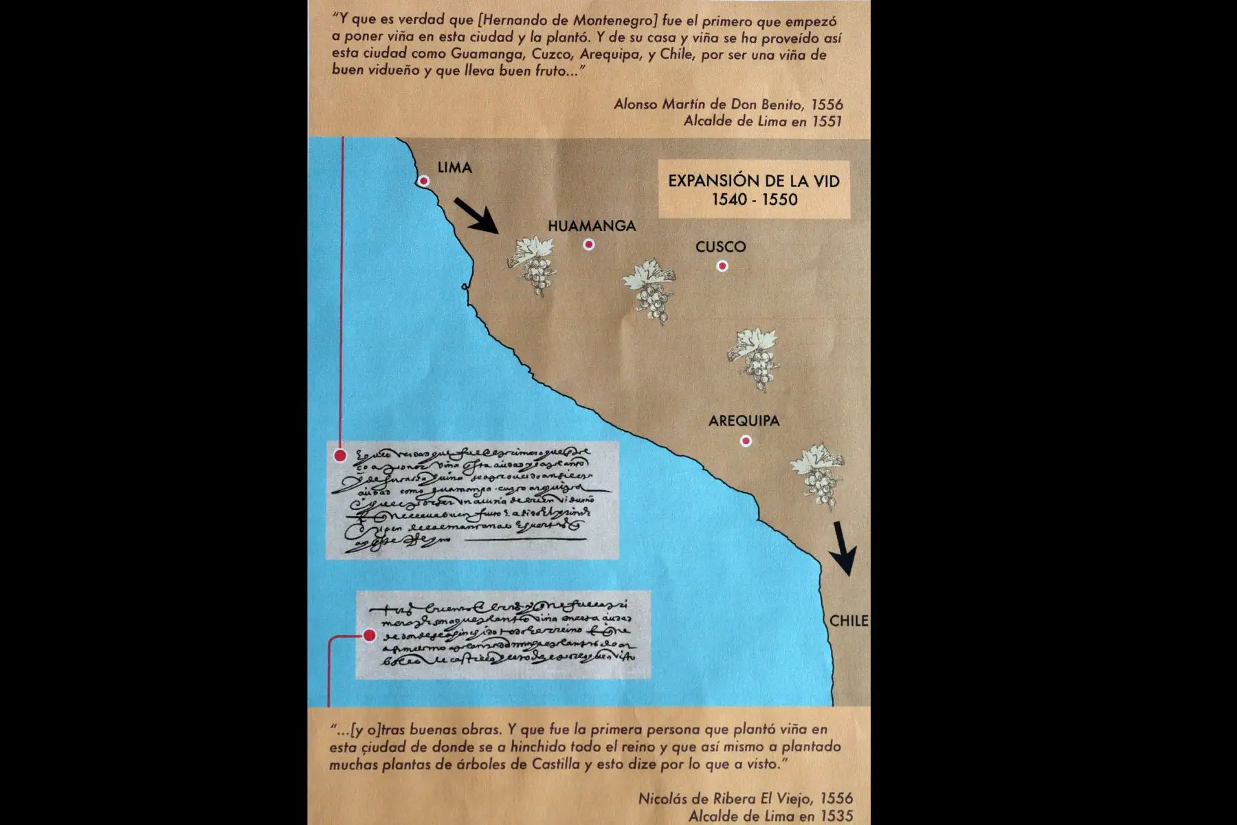 Muestra el mapa de la ruta de traslado de las vid desde su origen en Lima en el siglo XVI incluida en el libro "Las viñas de Lima: inicios de la vitivinicultura sudamericana: 1539-1551" por el investigador peruano Guillermo Toro-Lira, durante una entrevista con Efe en Lima (Perú). Según documentos descubiertos por Toro-Lira, Lima, la capital del Perú, fue la cuna del primer vino y del primer viñedo de Sudamérica, plantado entre 1539 y 1541 por el capitán español Hernando de Montenegro, con la ayuda fundamen
