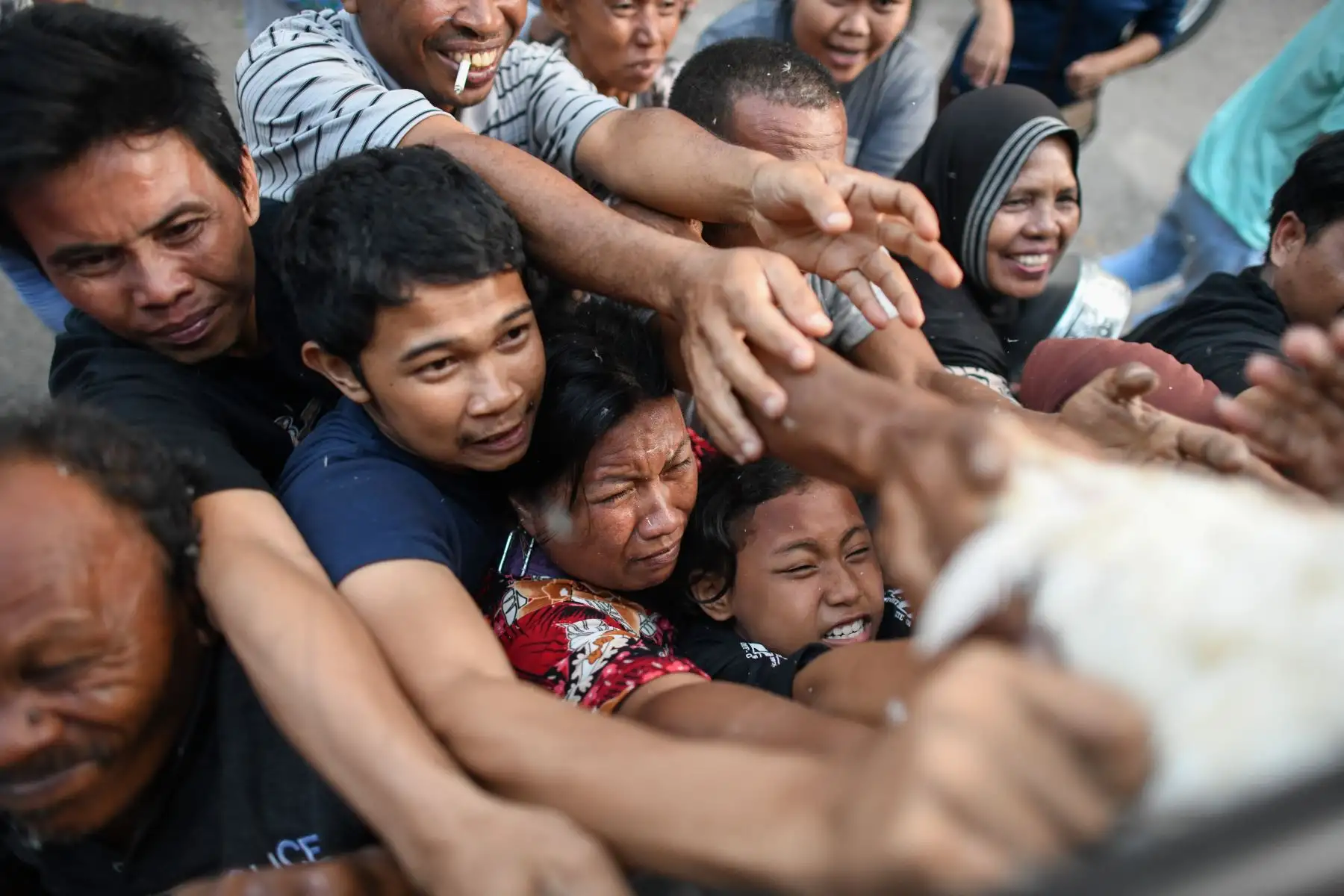 Los sobrevivientes del terremoto luchan para que se distribuyan pollos vivos desde un camión de la policía fuera de un campamento improvisado en Palu, en el centro de Sulawesi en Indonesia, el 2 de octubre de 2018, después de que un terremoto y un tsunami azotaran el área el 28 de septiembre. AFP