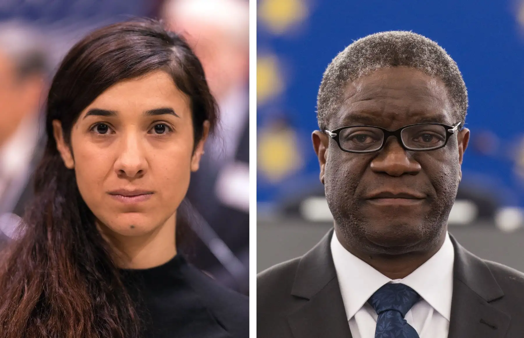 Premios Nobel de la Paz (izq-dcha) a la activista por los derechos humanos iraquÌ Yazidi Kurdish y al médico congoleño Denis Mukwege, en Estrasburgo, Francia, el 10 de octubre de 2016. Mukwege y Murad ganaron hoy, 5 de octubre de 2018, el Nobel de la Paz por "sus esfuerzos para terminar con el uso de la violencia sexual como arma de guerra y en conflictos armados" informó hoy el Comité Nobel Noruego. EFE/ Patrick Seeger