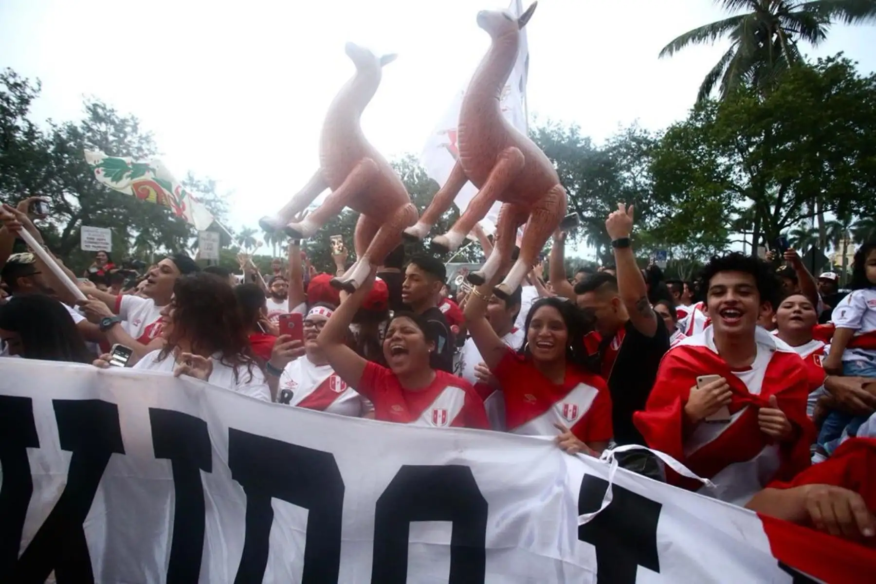 Jugadores de la selección peruana de fútbol saludan a los hinchas apostados en el hotel de Miami, previo al encuentro ante Chile. Foto: ANDINA/FPF