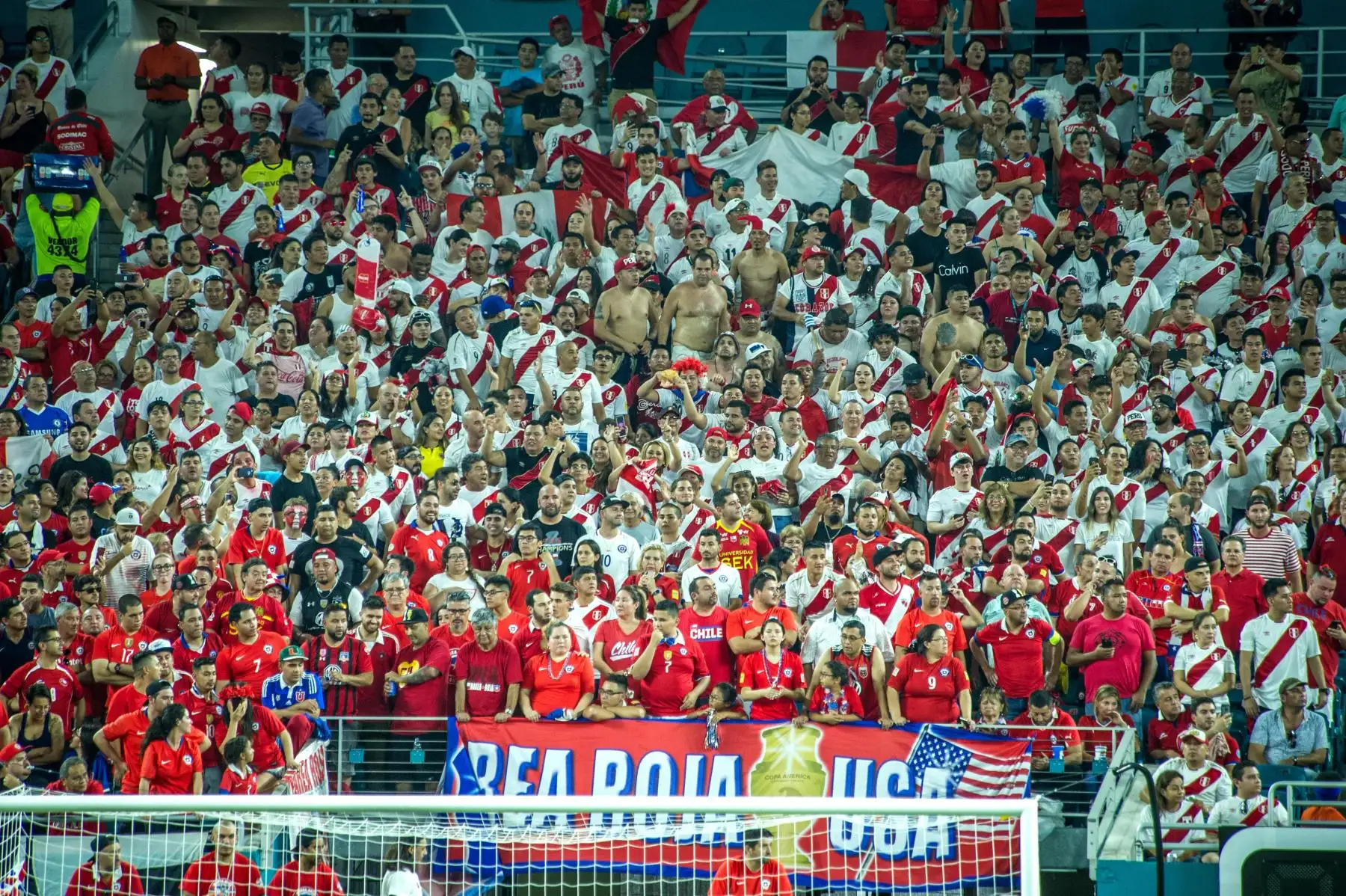 Aficionados de la selección peruana celebran el triunfo de su equipo durante un partido amistoso internacional disputado entre Chile y Perú.Foto:EFE