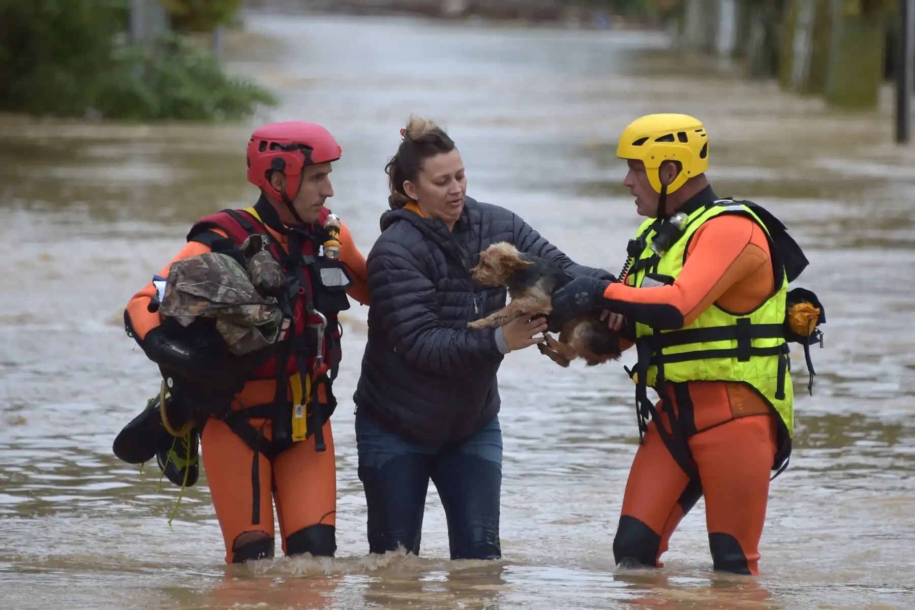 Los bomberos ayudan a una mujer y un perro en una calle inundada durante una operación de rescate después de las fuertes lluvias que vieron ríos que desbordaban en Trebes, cerca de Carcassone, al sur de Francia.  AFP