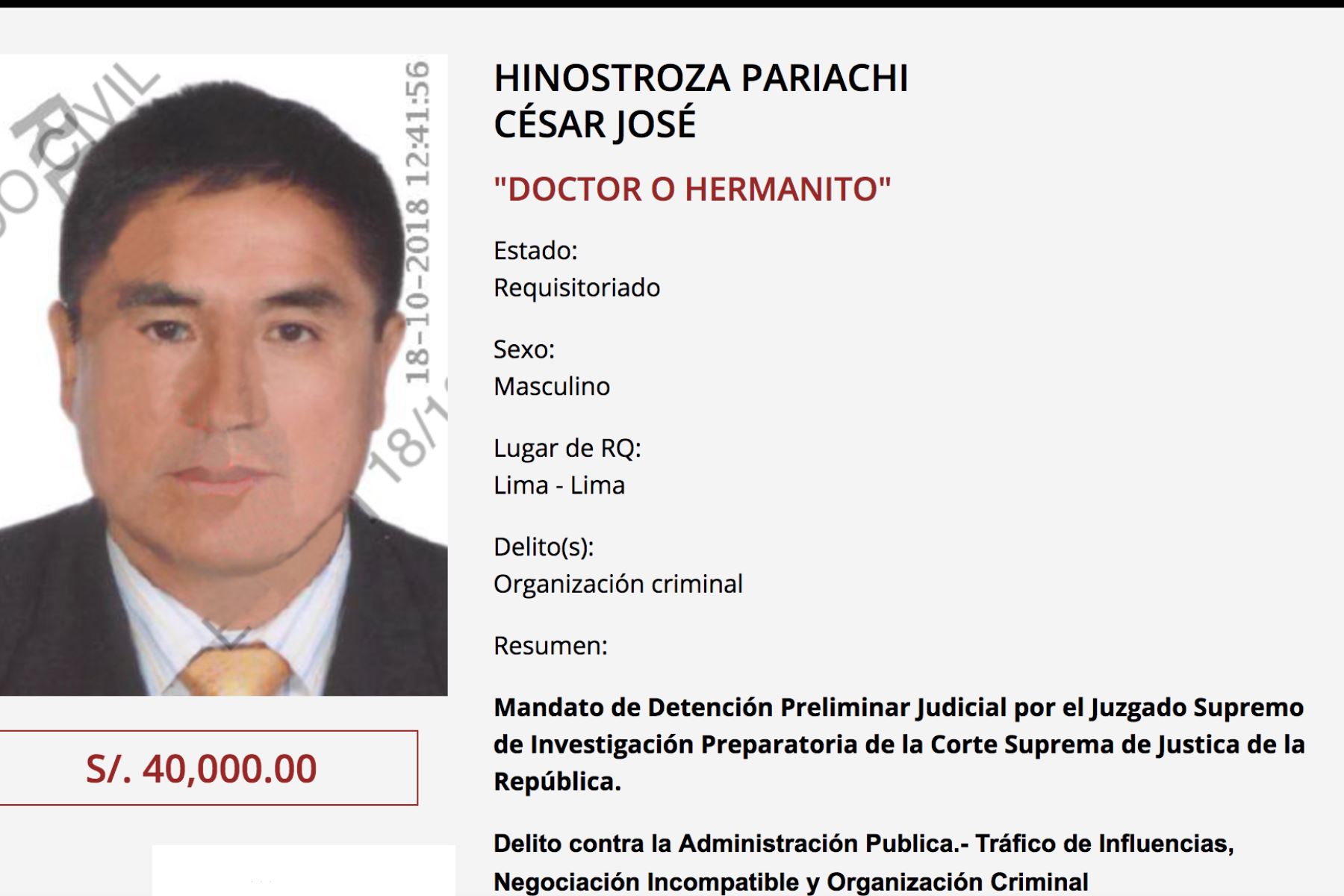 Prófugo César Hinostroza es sindicado cabecilla de la organización criminal Los Cuellos Blancos del Puerto.
