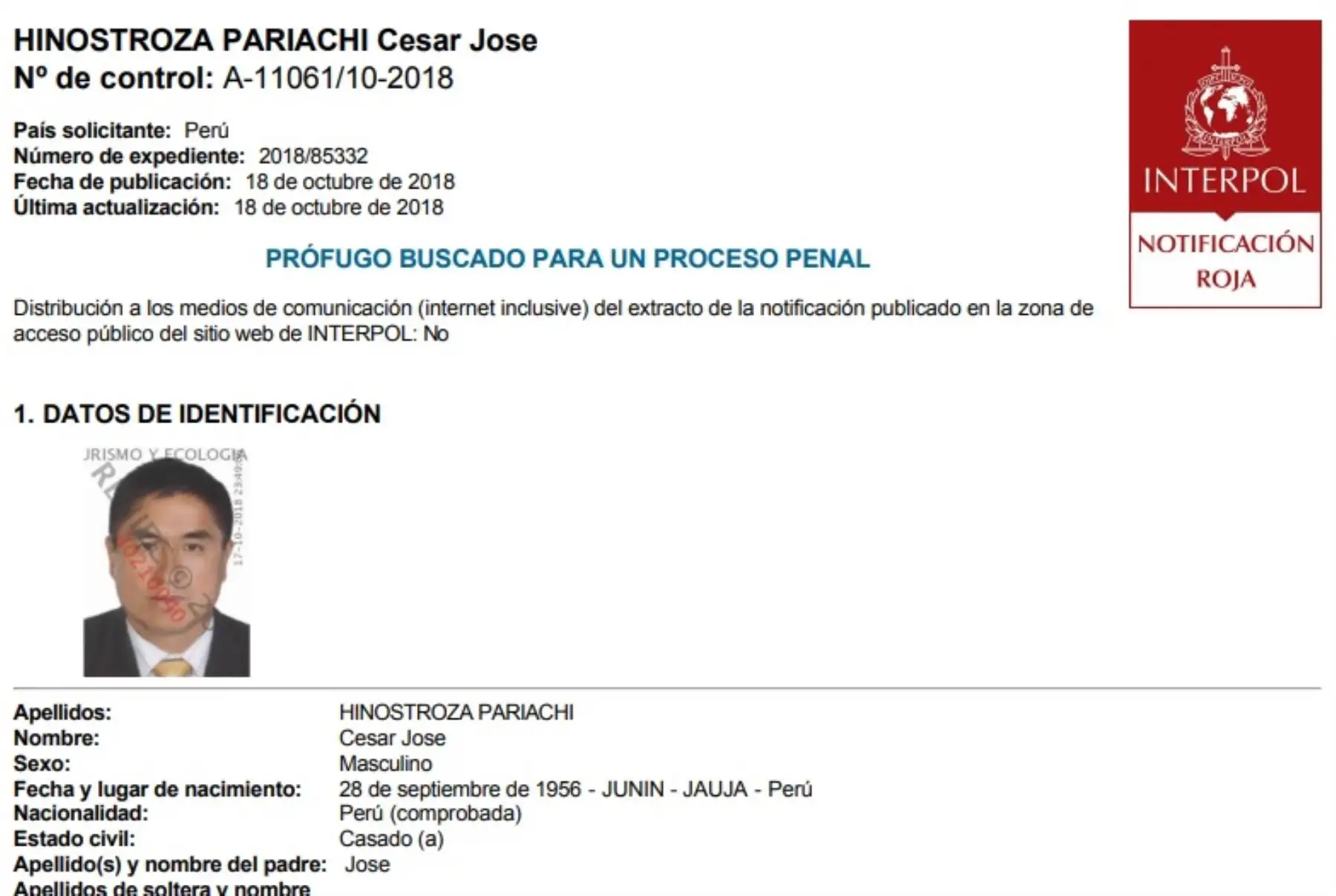 Interpol activa Notificación roja para la búsqueda y detención de exjuez César Hinostroza.