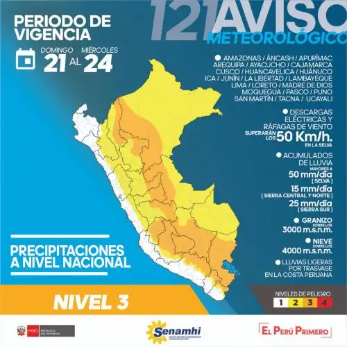 Para este lunes se prevén lluvias intensas, con valores que superarían los 50 milímetros por día en la Selva. ANDINA/Difusión