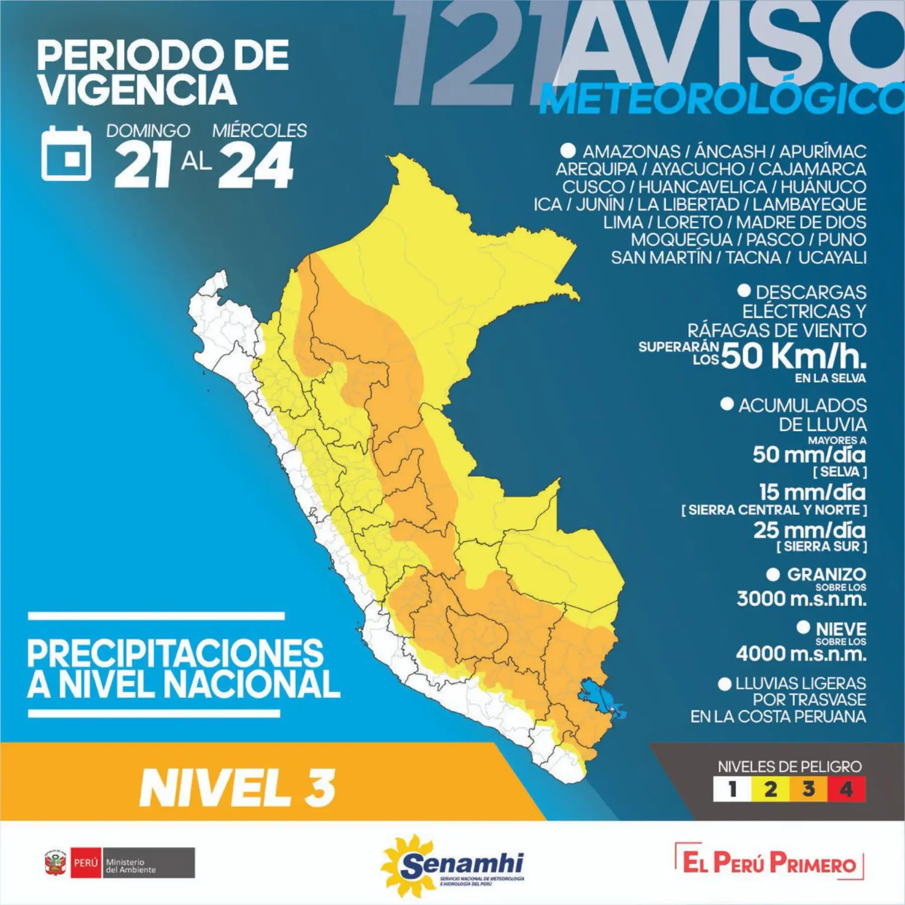 Para este lunes se prevén lluvias intensas, con valores que superarían los 50 milímetros por día en la Selva. ANDINA/Difusión