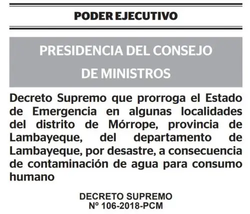 Decreto Supremo que amplía estado de emergencia en distritos de Mórrope, en la región Lambayeque, por contaminación de agua potable.