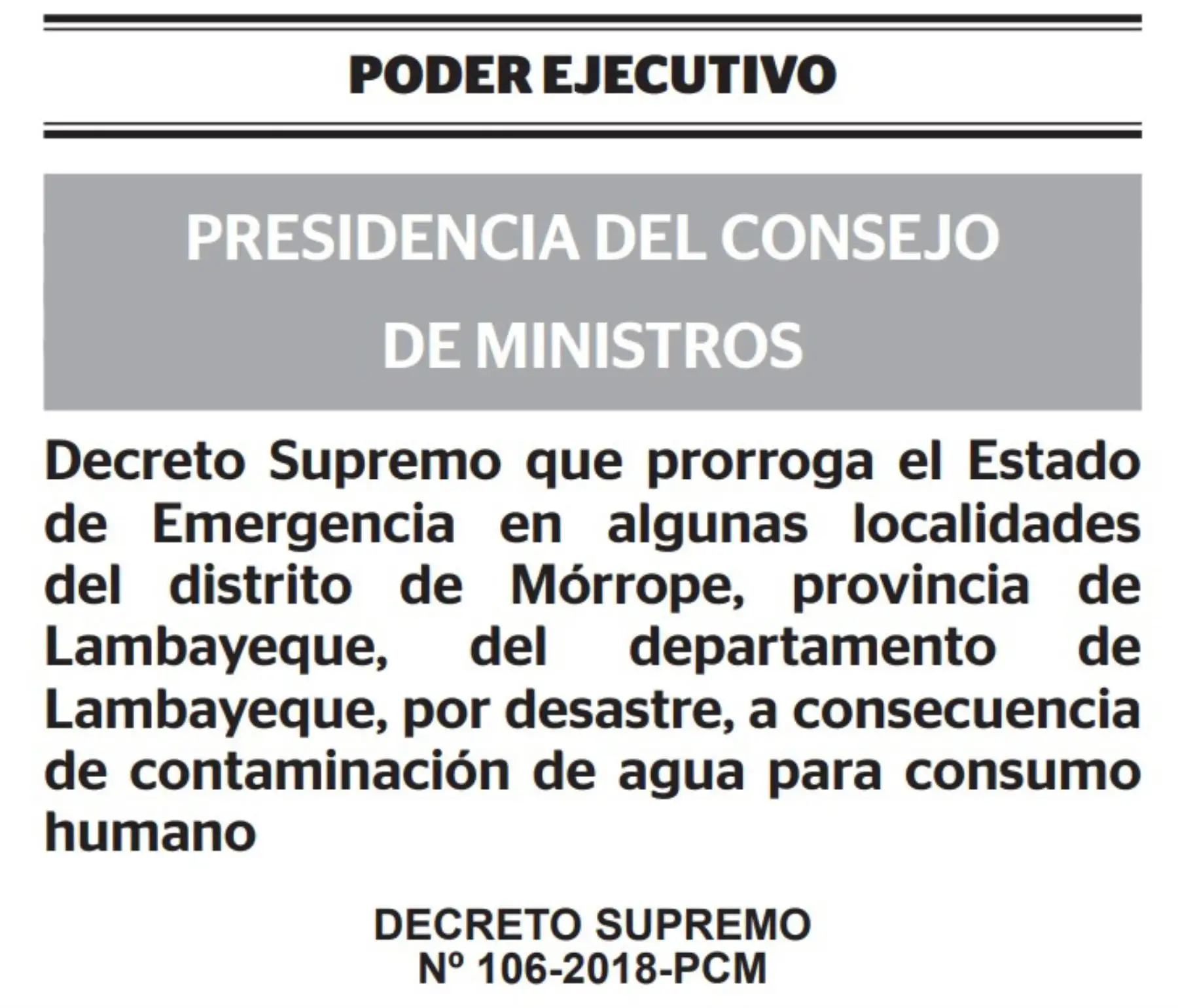 Decreto Supremo que amplía estado de emergencia en distritos de Mórrope, en la región Lambayeque, por contaminación de agua potable.