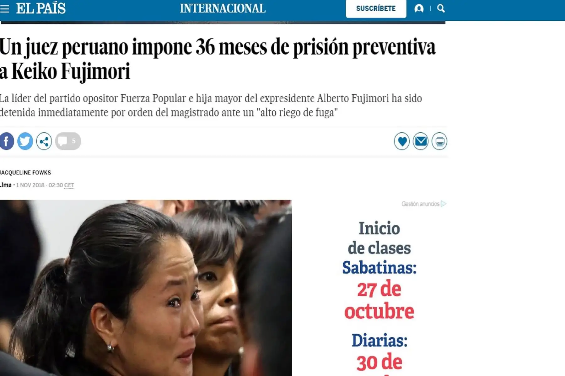 Medios internacionales destacan la medida de prisión preventiva contra Keiko Fujimori.