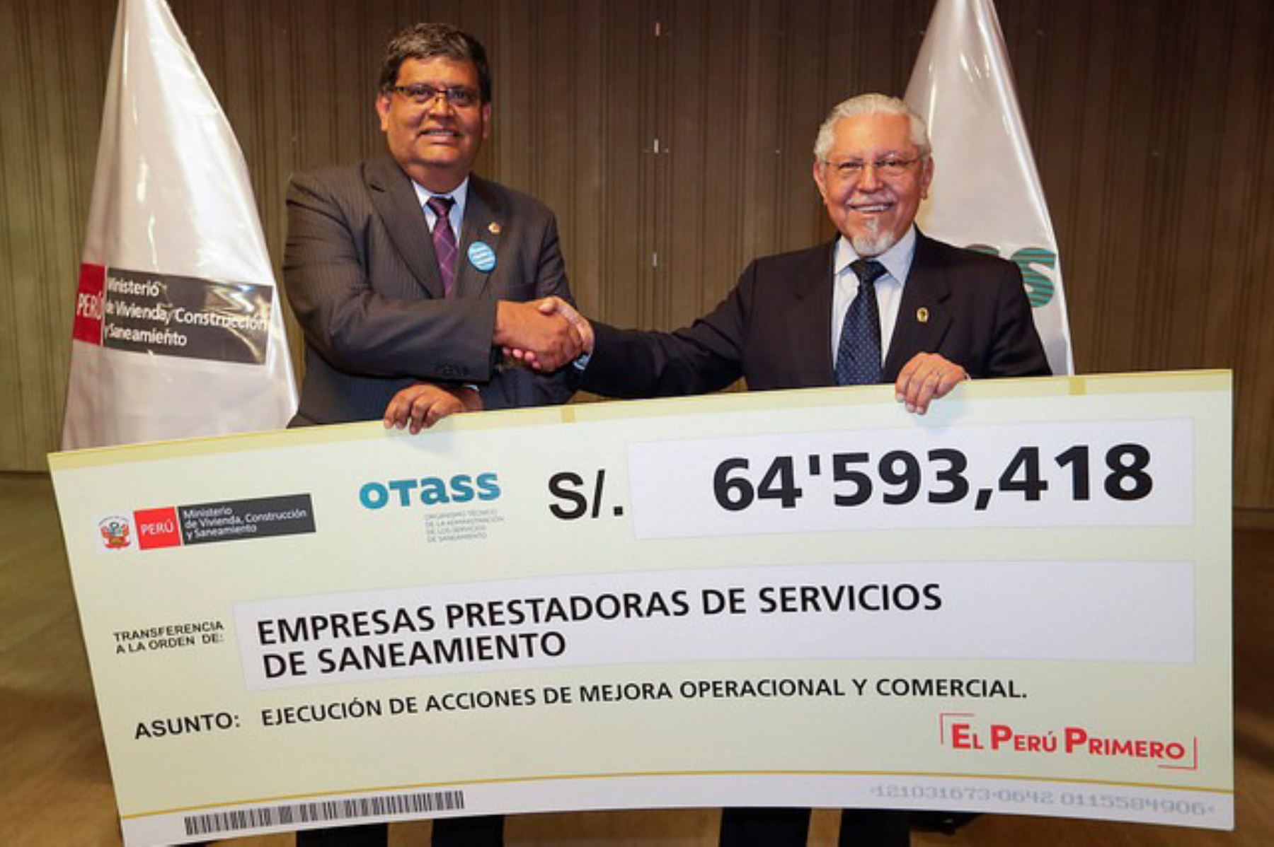 OTASS transfiere S/ 93 millones para mejorar servicios de saneamiento en 49 EPS. ANDINA/Difusión