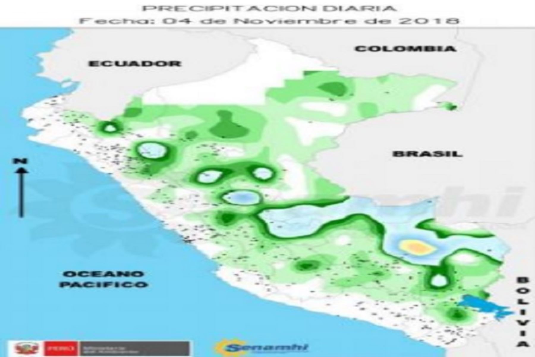 El mayor acumulado de lluvia se registró en el distrito de Chirinos, provincia de SanIgnacio, región Cajamarca, al registrar un acumulado de 41.8 milímetros de agua por día enla estación Chirinos; informó el Servicio Nacional de Meteorología e Hidrología (Senamhi).