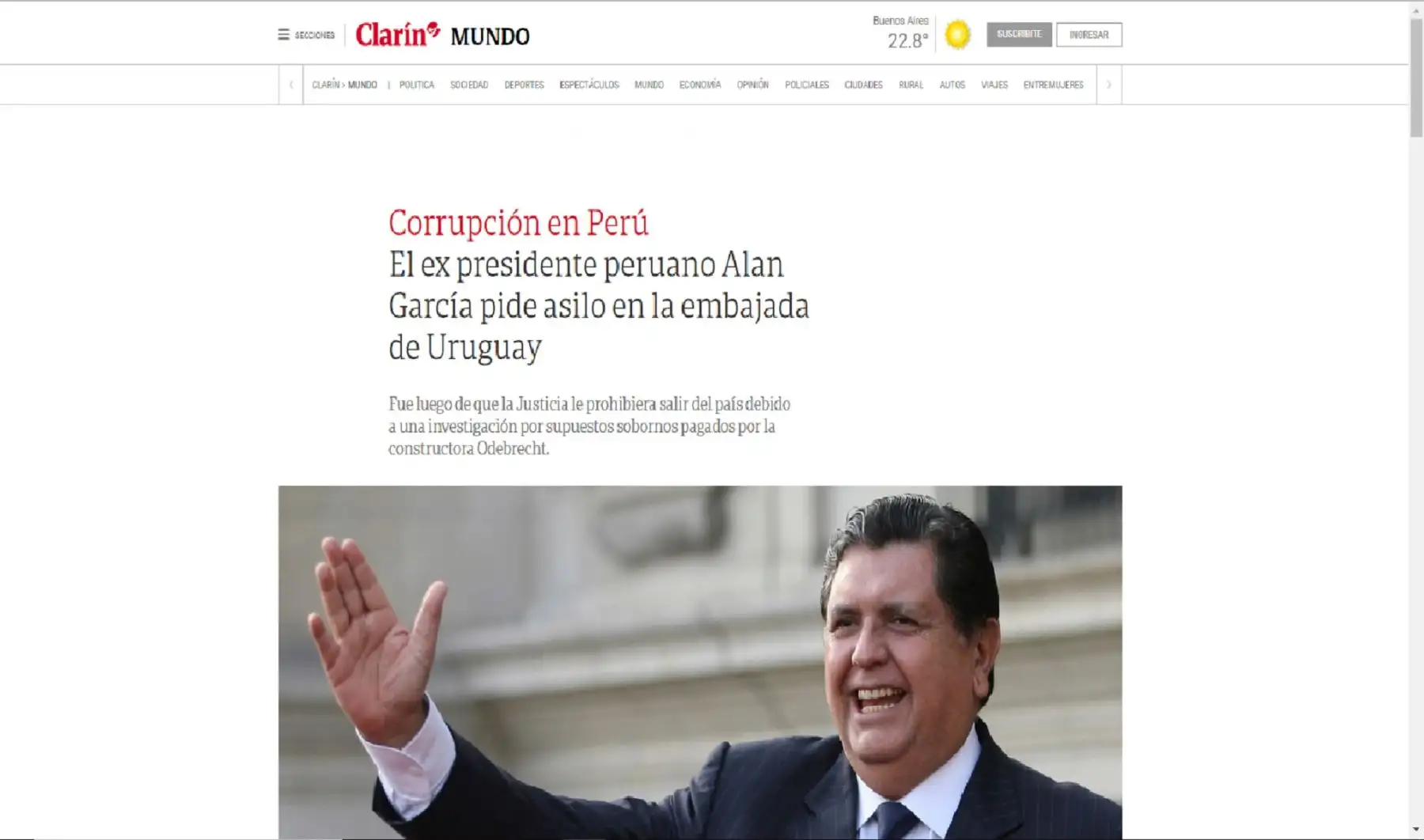 Medios internacionales informan sobre el pedido de asilo de Alan García.