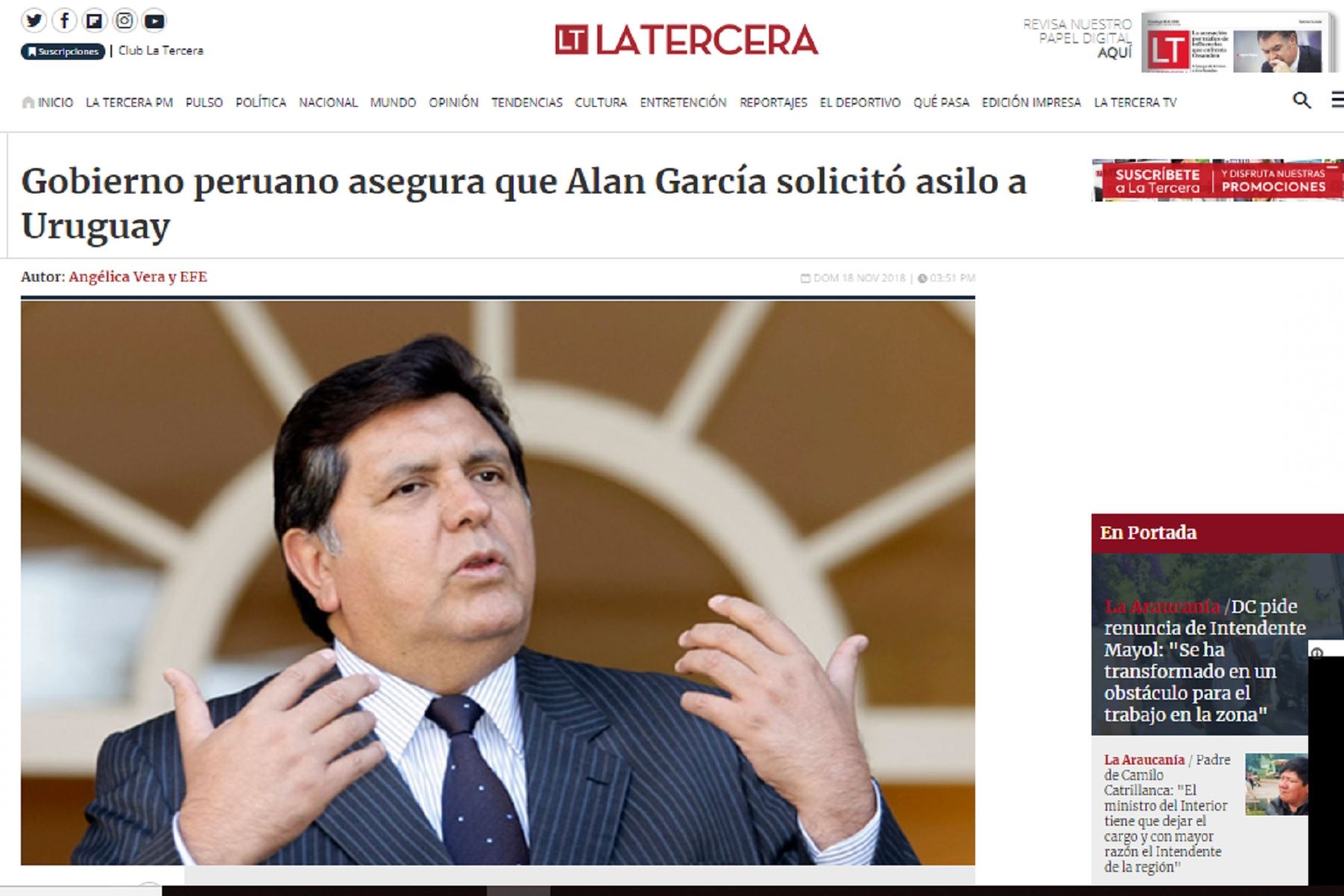 Medios internacionales informa sobre el pedido de asilo de Alan García.