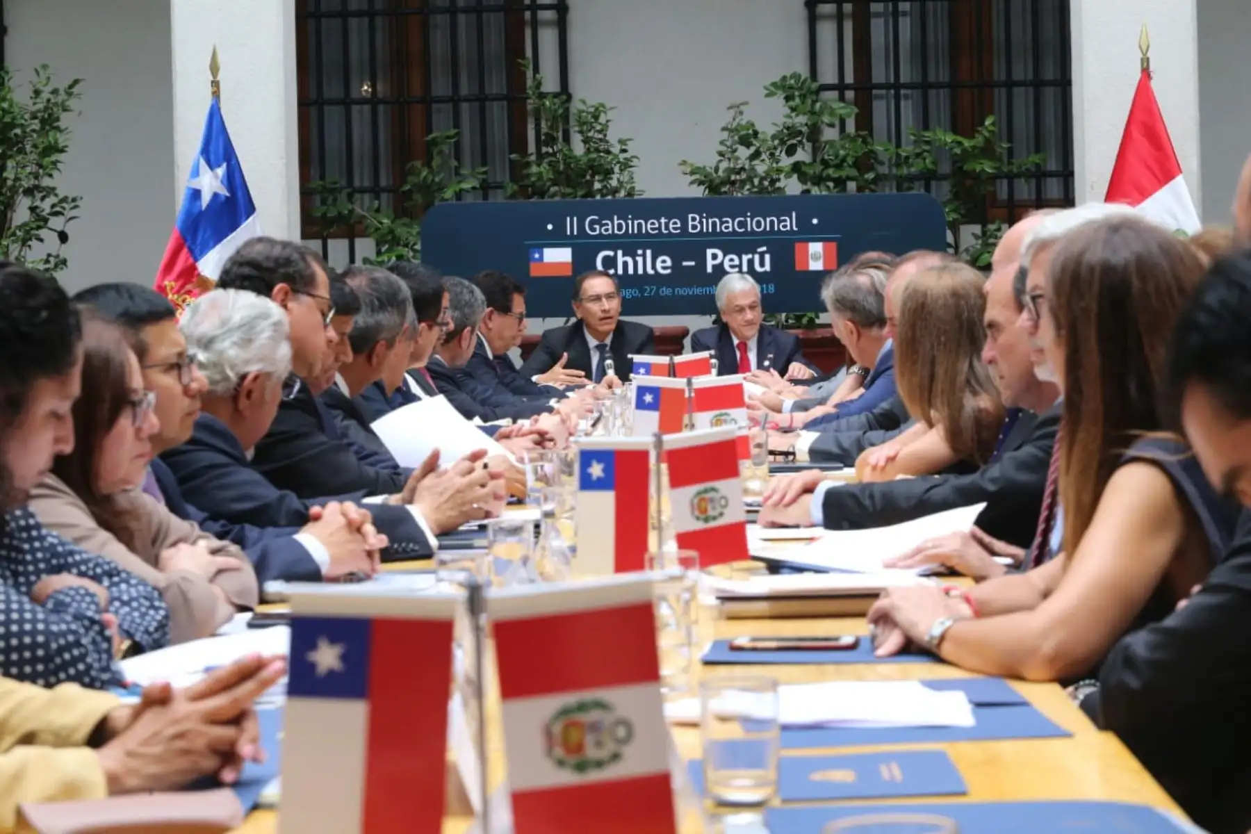 Presidente de la República, Martín Vizcarra, y su homólogo chileno, Sebastian Piñera inauguran II Gabinete Binacional Chile-Perú, que se realiza en Santiago Chile. Foto: ANDINA/Prensa Presidencia