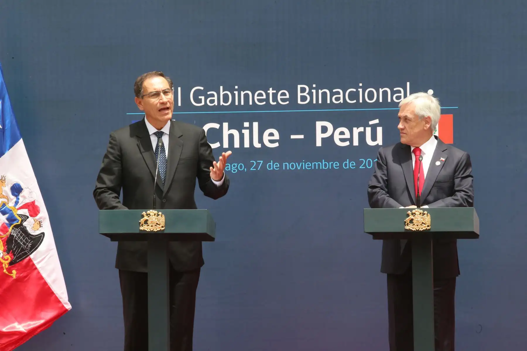 Presidente Vizcarra y su homólogo chileno, Sebastián Piñera en el II Gabinete Binacional Chile - Perú, que se realiza en Santiago de Chile.Foto: ANDINA/Prensa Presidencia