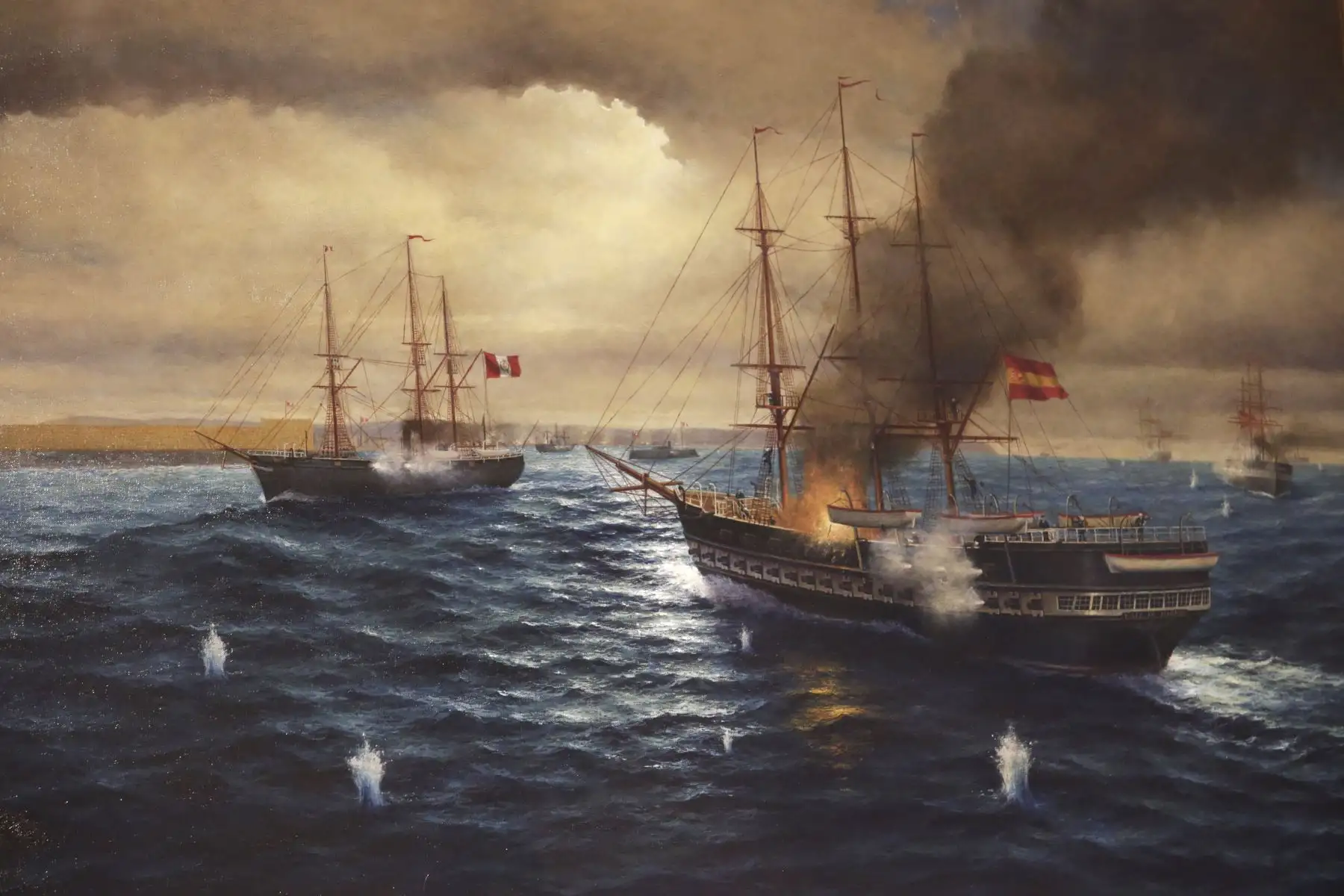 Museo Naval. Cuadro del Combate del 2 de mayo de 1866. Se muestra al vapor Tumbes enfrentándose a una fragata española. A bordo estaba el jefe de la escuadra peruana Capitán de Navío Lizardo Montero y el joven cadete naval Leoncio Prado. Óleo de Orlando Yantas. Foto: ANDINA/Melina Mejía Museo Naval. Cuadro del Combate del 2 de mayo de 1866. Se muestra al vapor Tumbes enfrentándose a una fragata española. A bordo estaba el jefe de la escuadra peruana Capitán de Navío Lizardo Montero y el joven cadete naval Leoncio Prado. Óleo de Orlando Yantas. Foto: ANDINA/Melina Mejía
