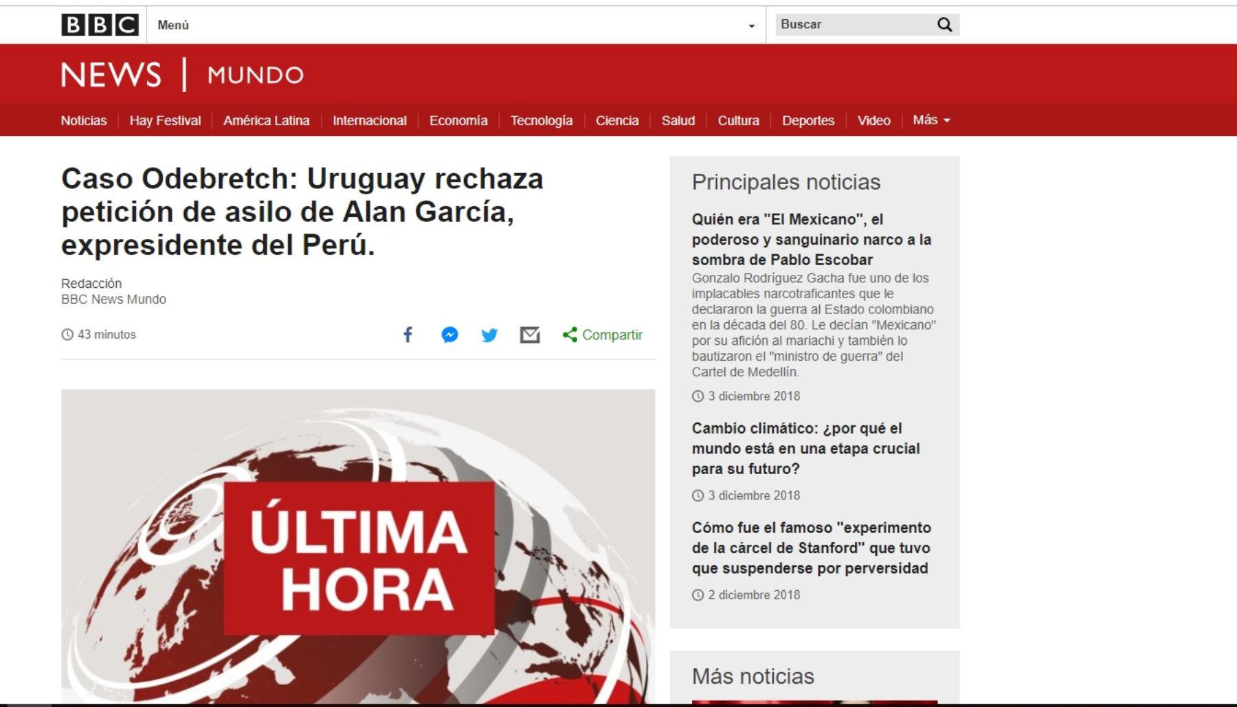 Así informa la prensa decisión de Uruguay de rechazar Asilo de Alan García.
